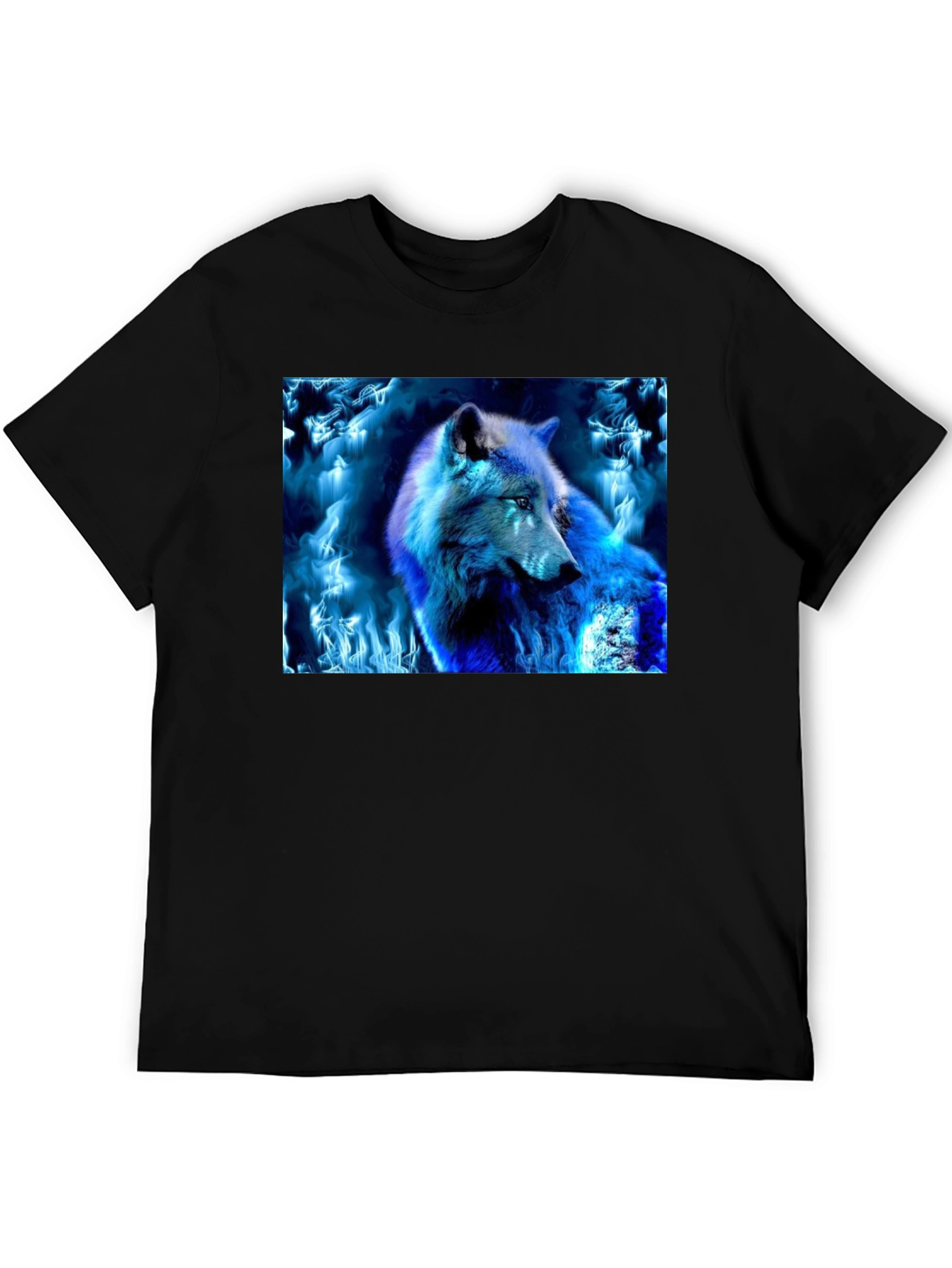Black Blue Fire Wolf Graphic Tee - Black Cotton Blend view 5