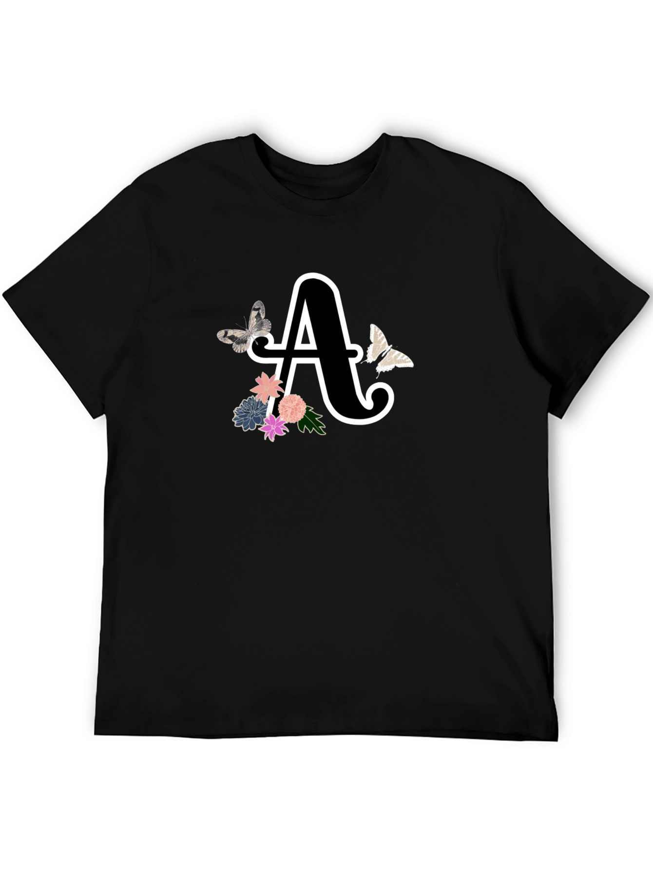 Black Monogram A Black T-Shirt with Butterflies and Floral Design view 5