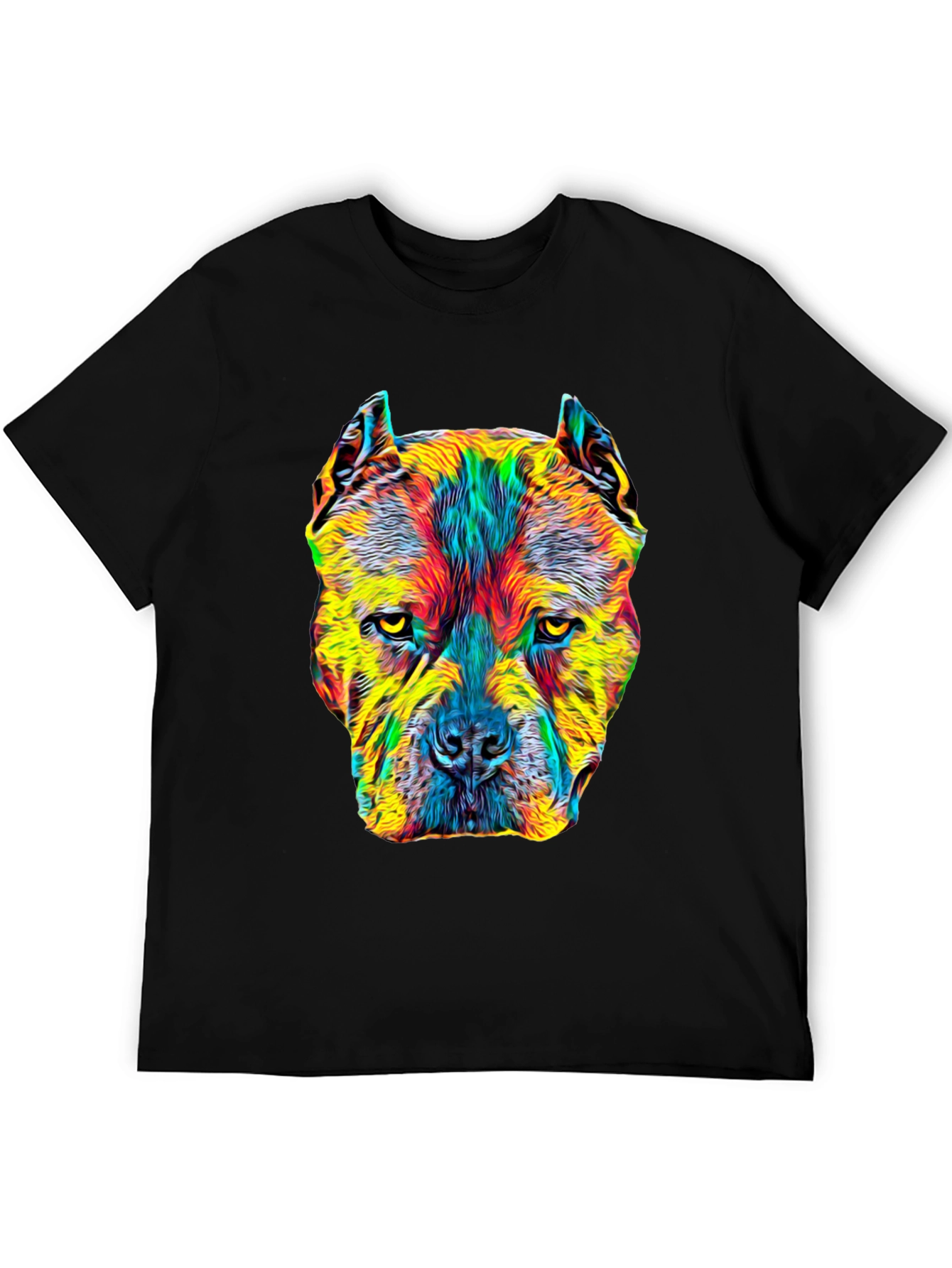 Black Colorful Pitbull Dog Graphic Print Black T-Shirt view 5