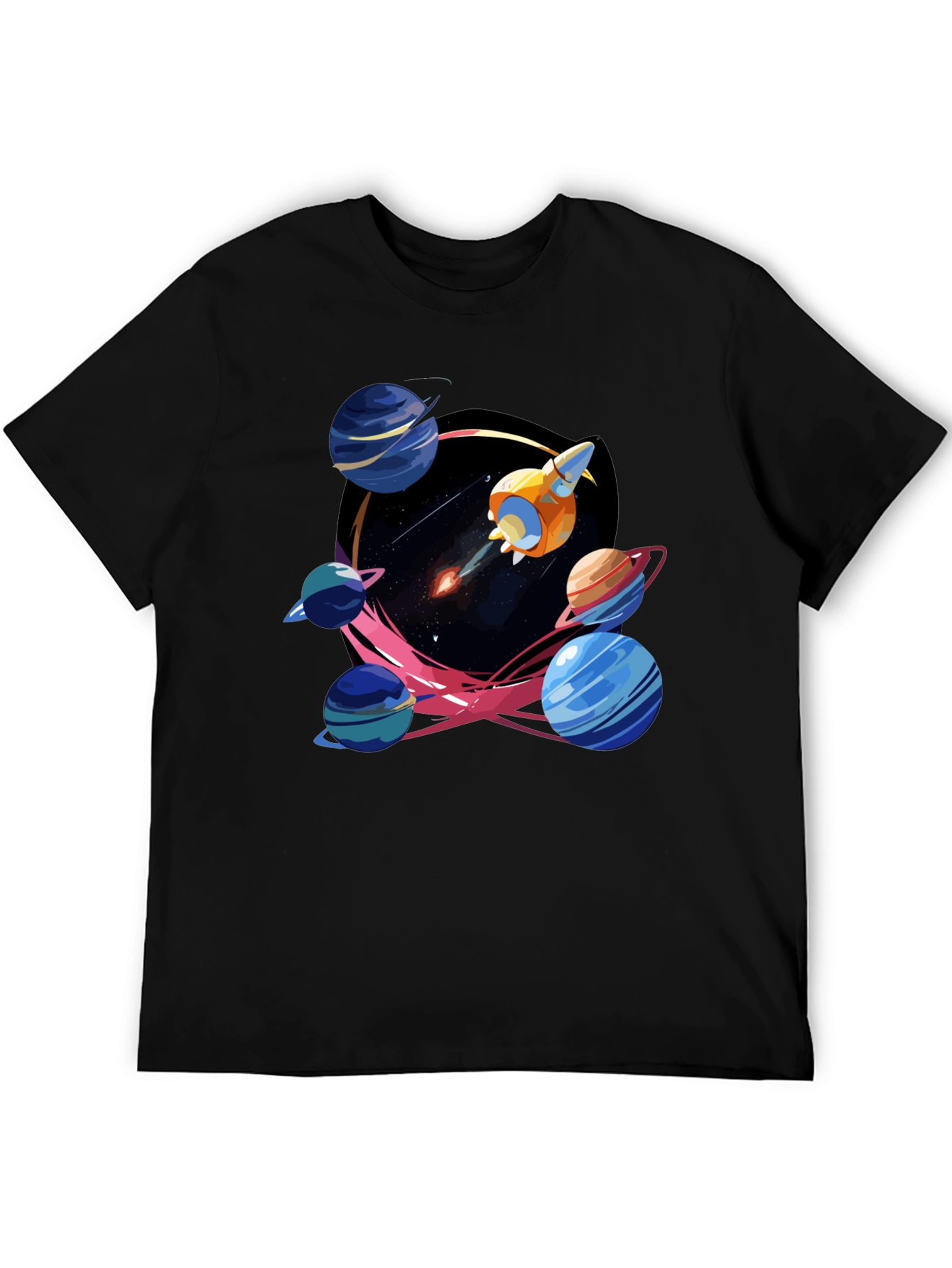 Black Space Adventure T-Shirt: Rocket and Planets view 5