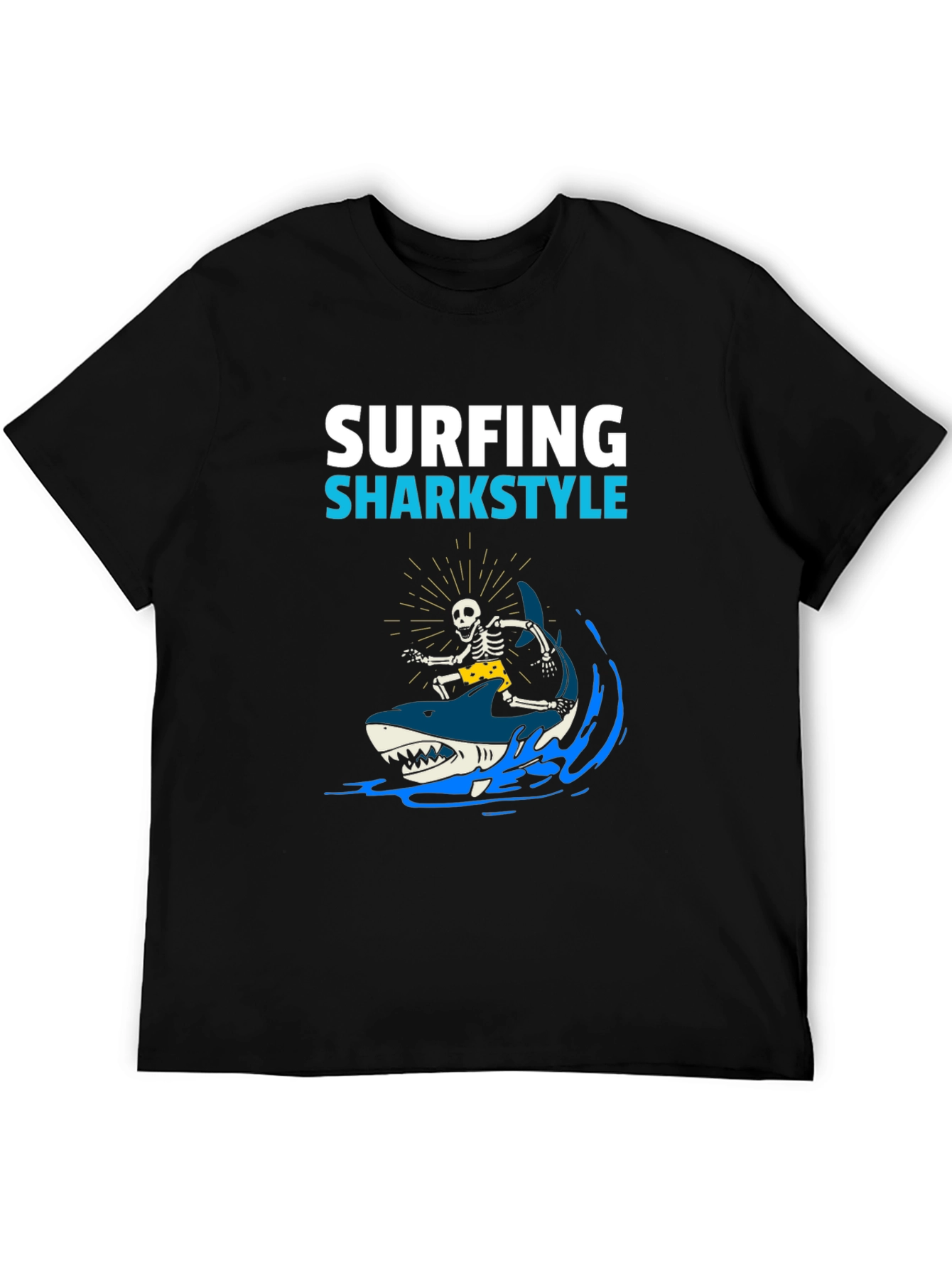 Black Surfing Sharkstyle Skeleton Graphic T-Shirt view 5