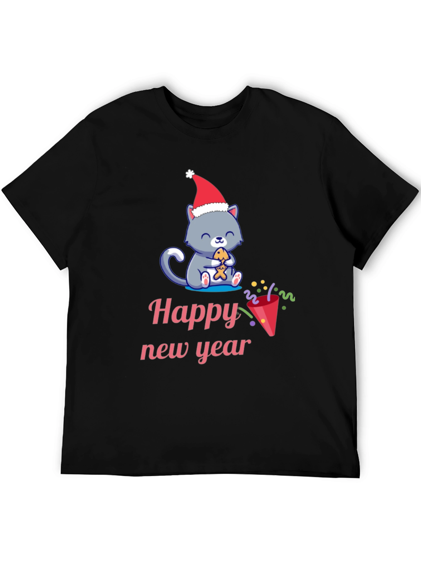 Black Festive Happy New Year Cat T-Shirt view 5