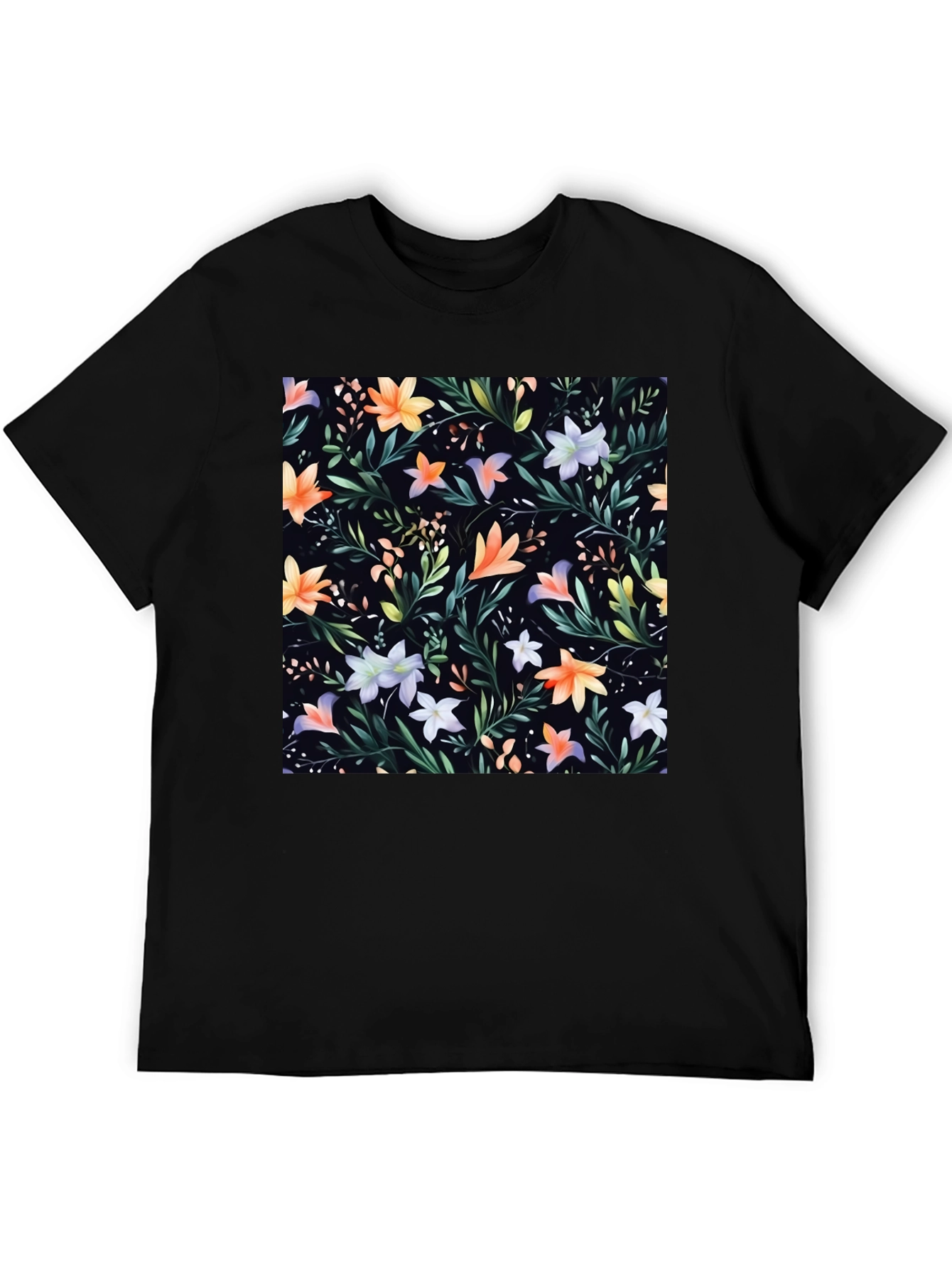 Black Floral Print Black Crew Neck T-Shirt view 5