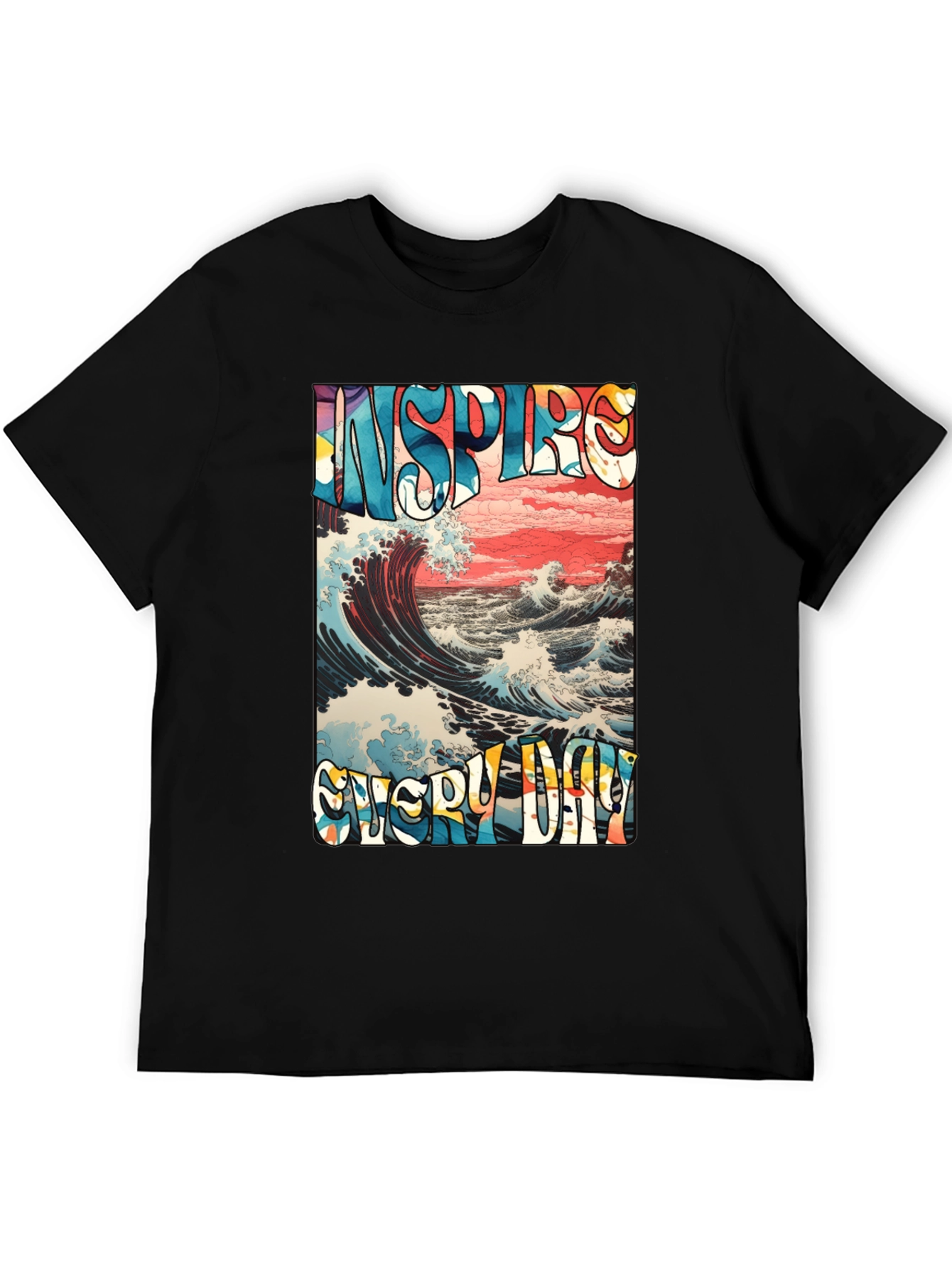 Black Inspire Every Day Graphic T-Shirt - Ocean Wave Design view 5