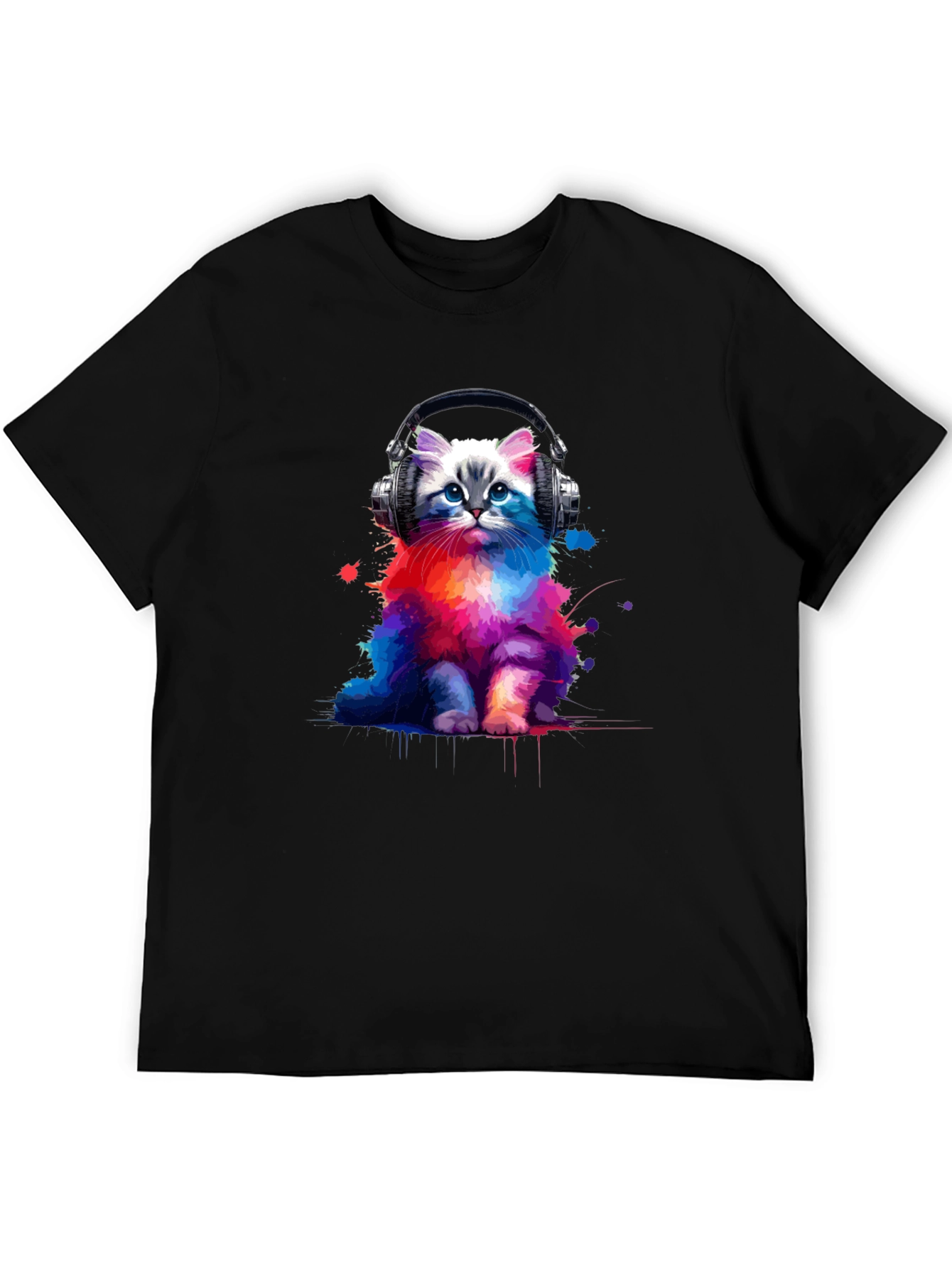 Black Colorful Cat Headphones Graphic Tee view 5