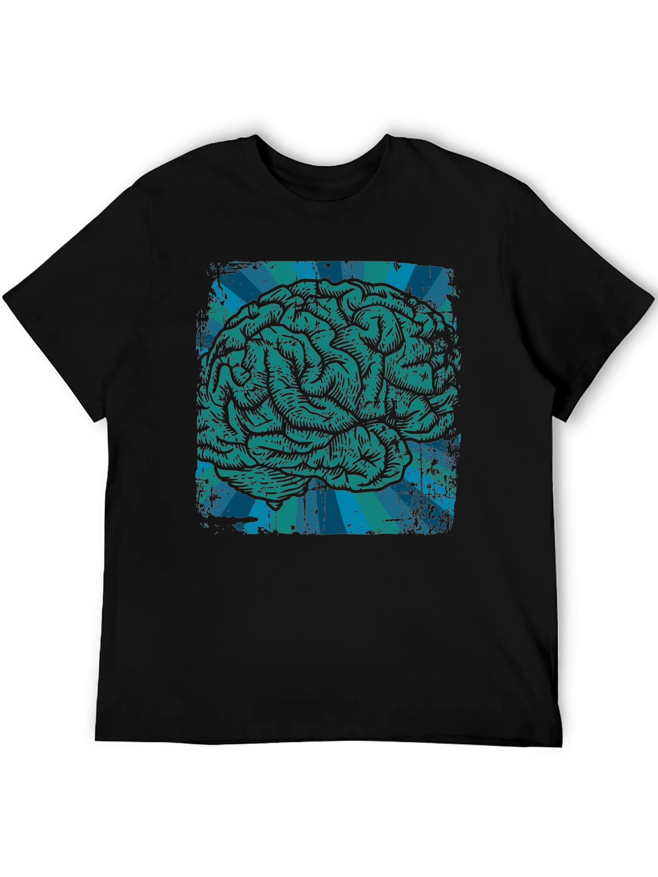 Black Brain Graphic T-Shirt - Teal Illustration on Black Cotton Tee view 5
