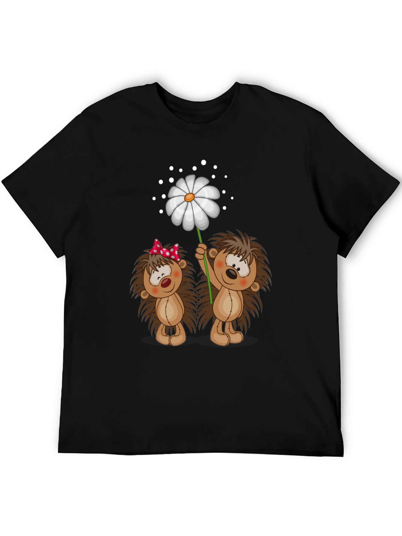 Black Cute Hedgehog & Daisy Graphic Black T-Shirt view 5