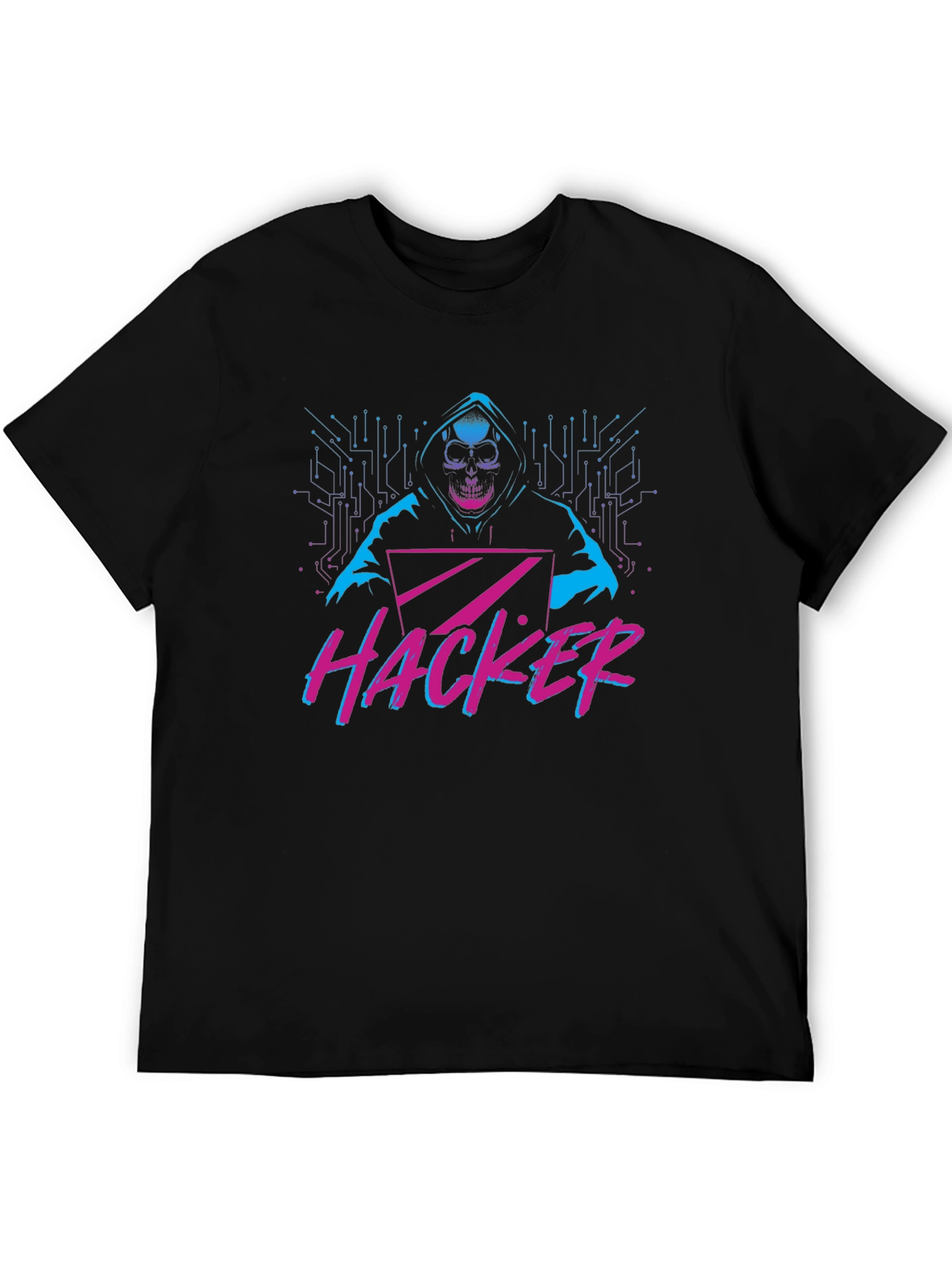 Black Hacker Graphic T-Shirt - Skull & Laptop Design view 5