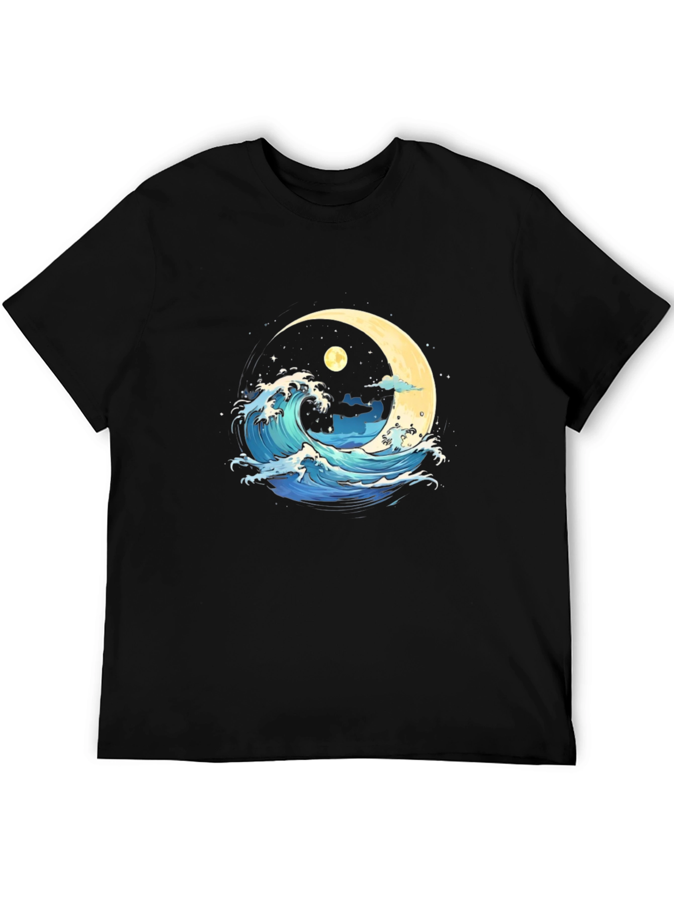Black Ocean Wave Moon Graphic Black T-Shirt view 5