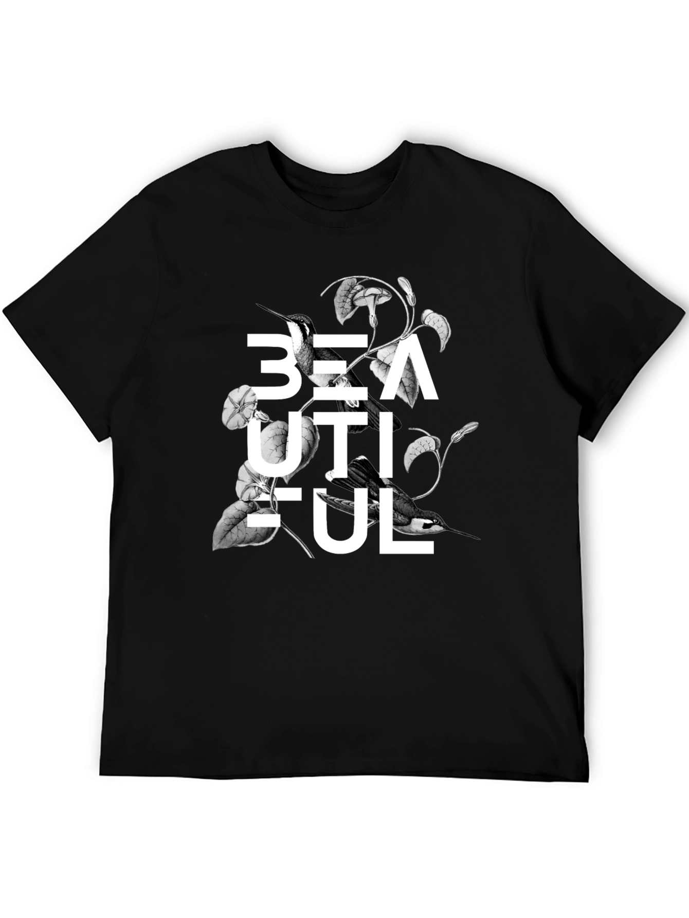 Black Beautiful Bird Floral Graphic Black T-Shirt view 5