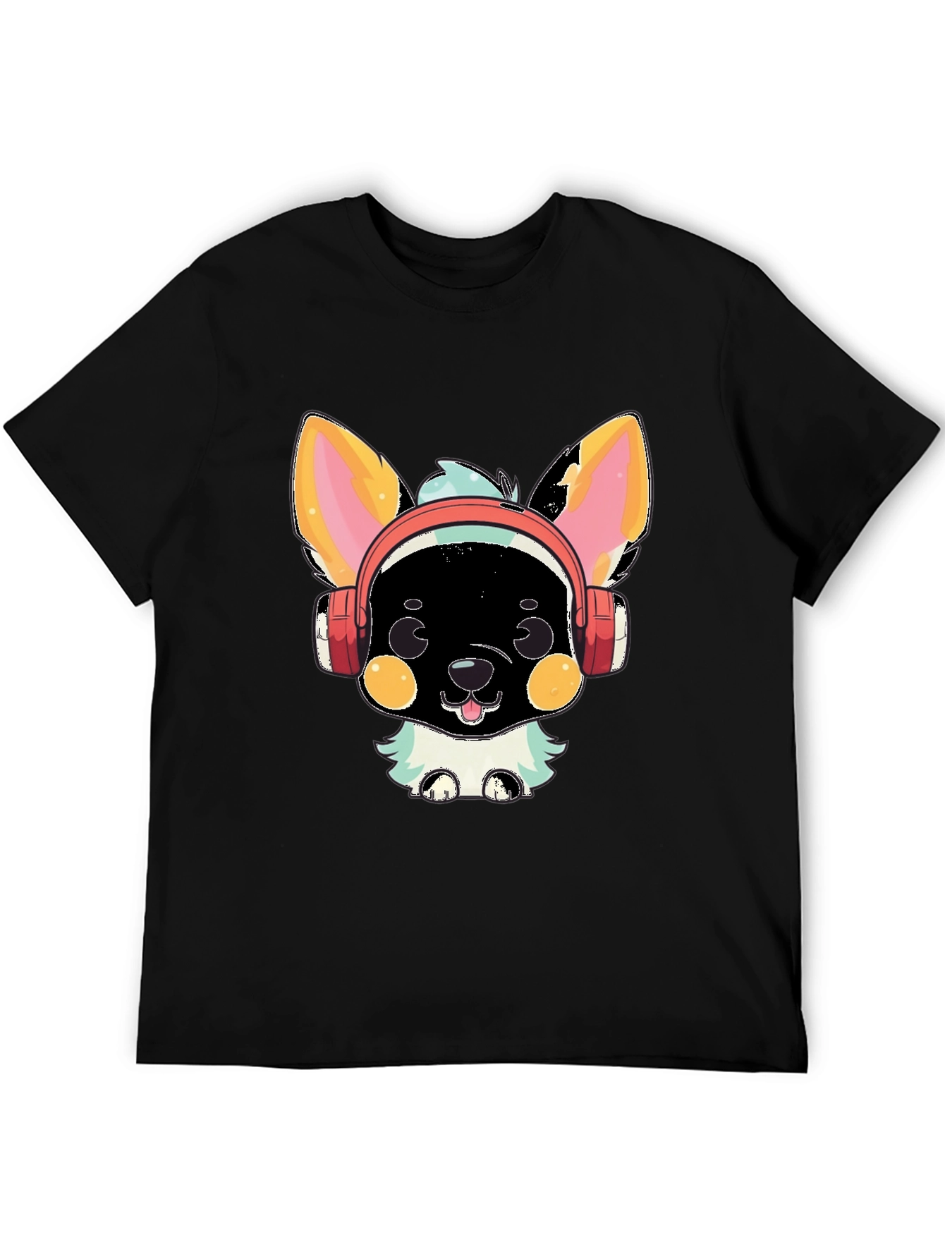 Black Cute Cartoon Animal with Headphones Graphic T-Shirt view 5