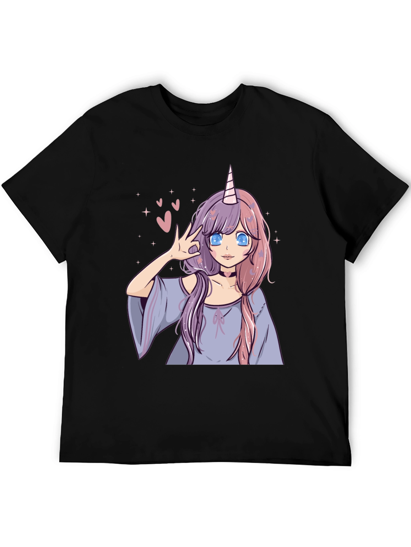 Black Anime Unicorn Girl Graphic Tee - Black Casual T-Shirt view 5