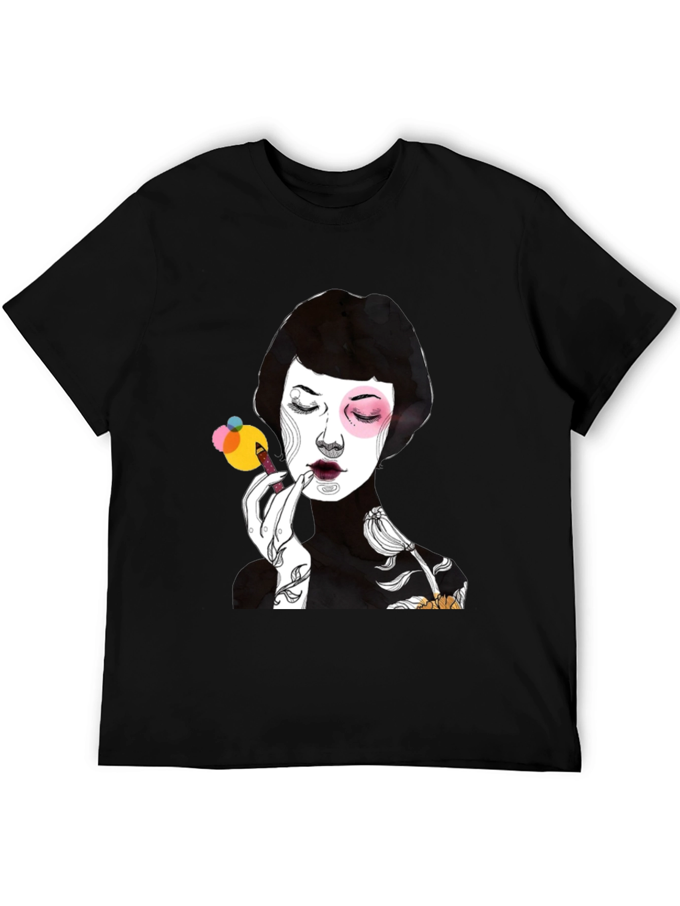 Black Graphic Print Black T-Shirt - Woman Applying Makeup view 5