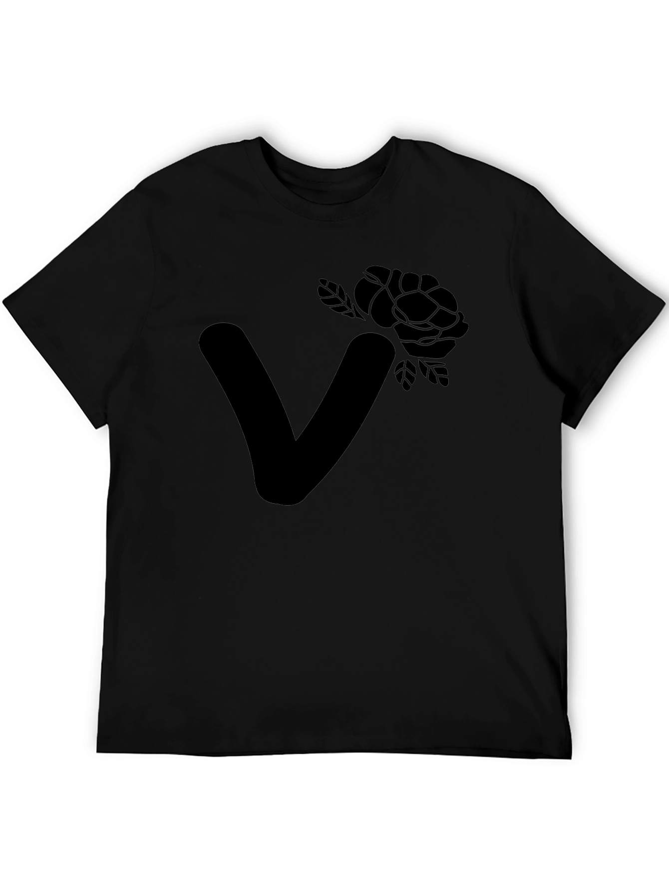 Black Stylish Black T-Shirt with Floral Letter V Design view 5