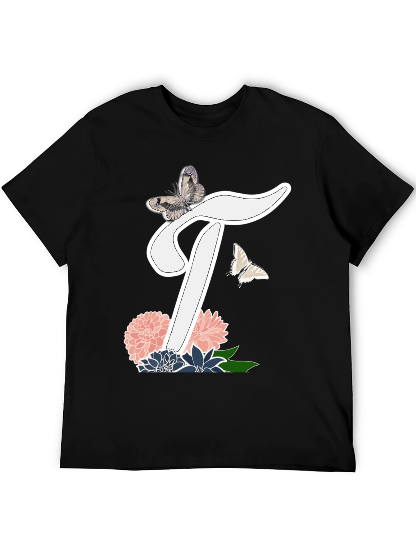 Black Butterfly Letter T Floral T-Shirt view 5