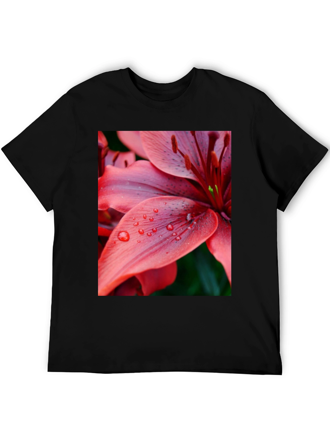 Black Floral Print T-Shirt - Red Lily Design view 5