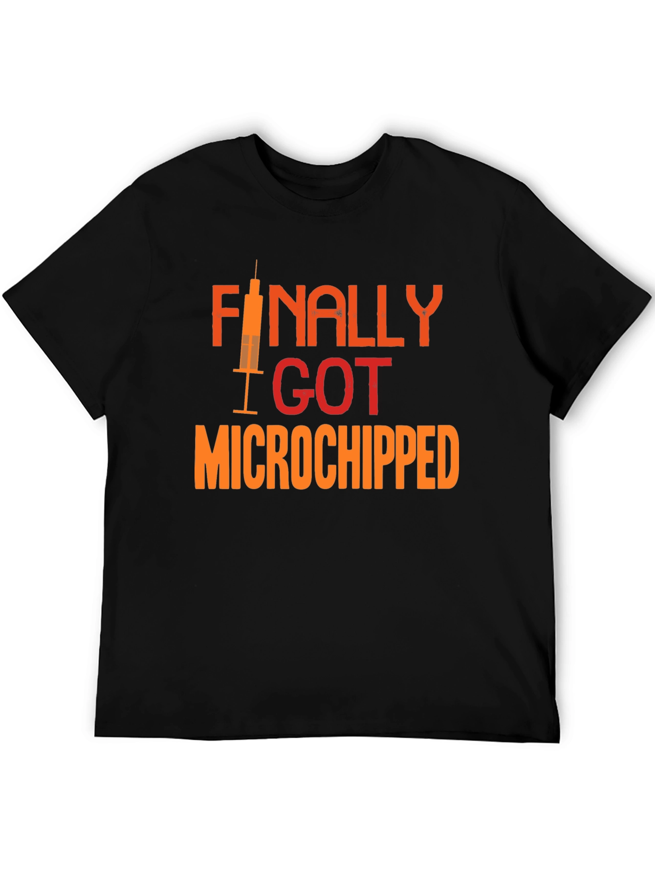 Black Finally Microchipped T-Shirt: Funny Vaccine Tee view 5