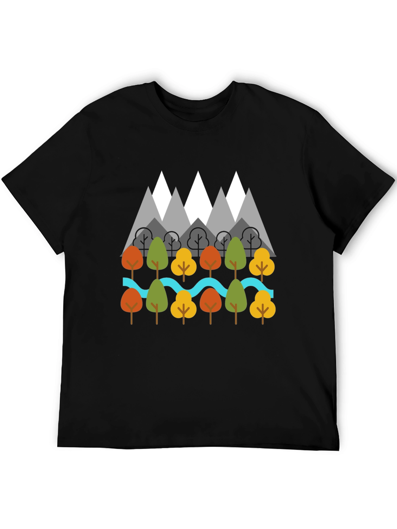 Black Nature Graphic T-Shirt - Mountains, Trees, River Design view 5