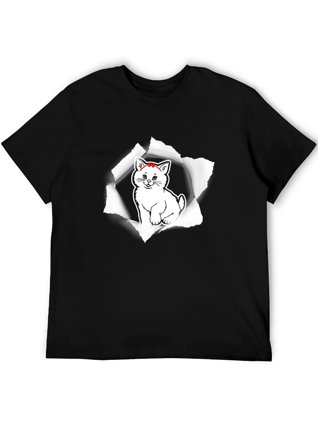 Black Men's Black T-Shirt with Cat Graphic view 5