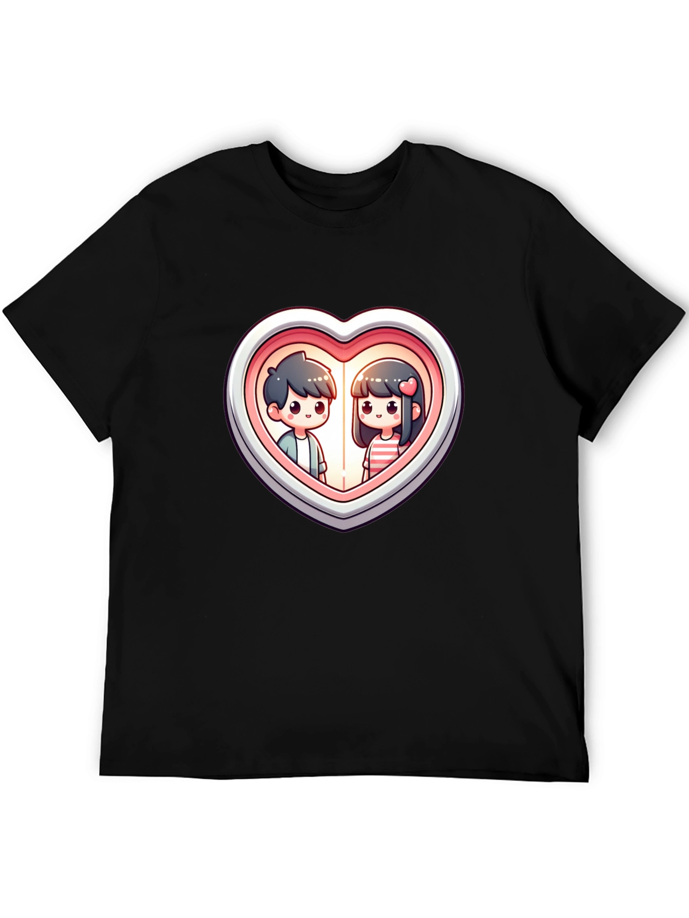 Black Cute Couple Heart Graphic Tee - Black Cotton T-Shirt view 5