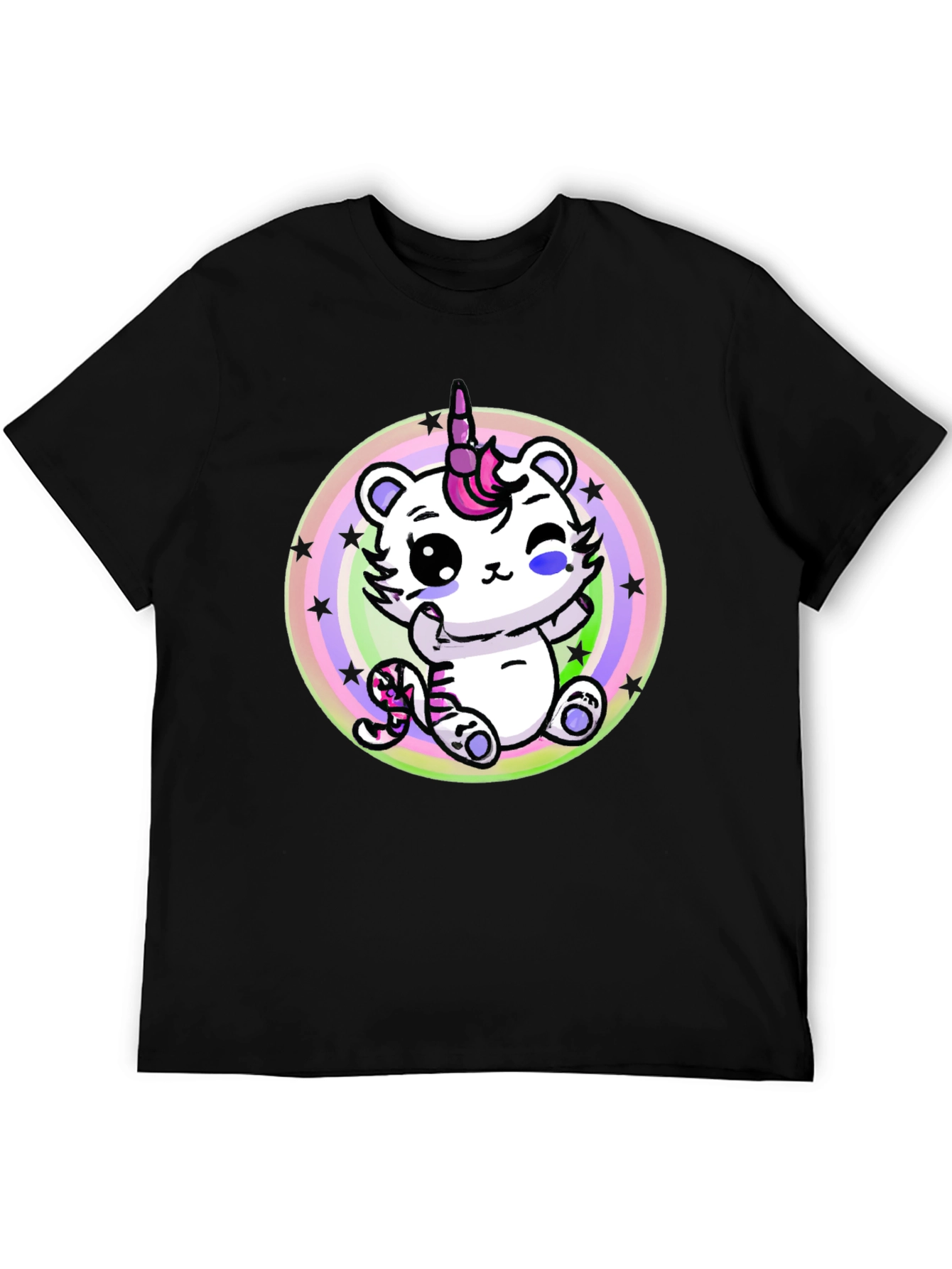 Black Cute Unicorn Cat T-Shirt - Black Cotton Tee view 5