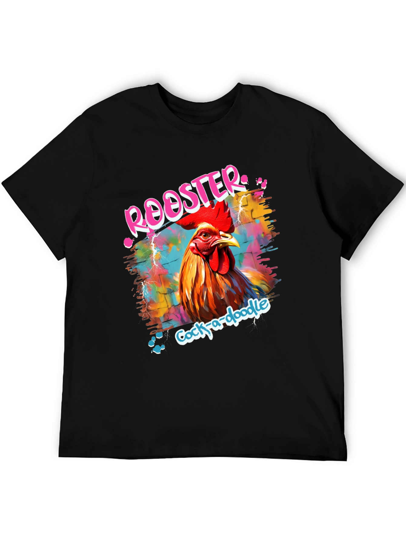 Black Rooster Graphic Tee - Men's Colorful Cock-a-doodle Shirt view 5