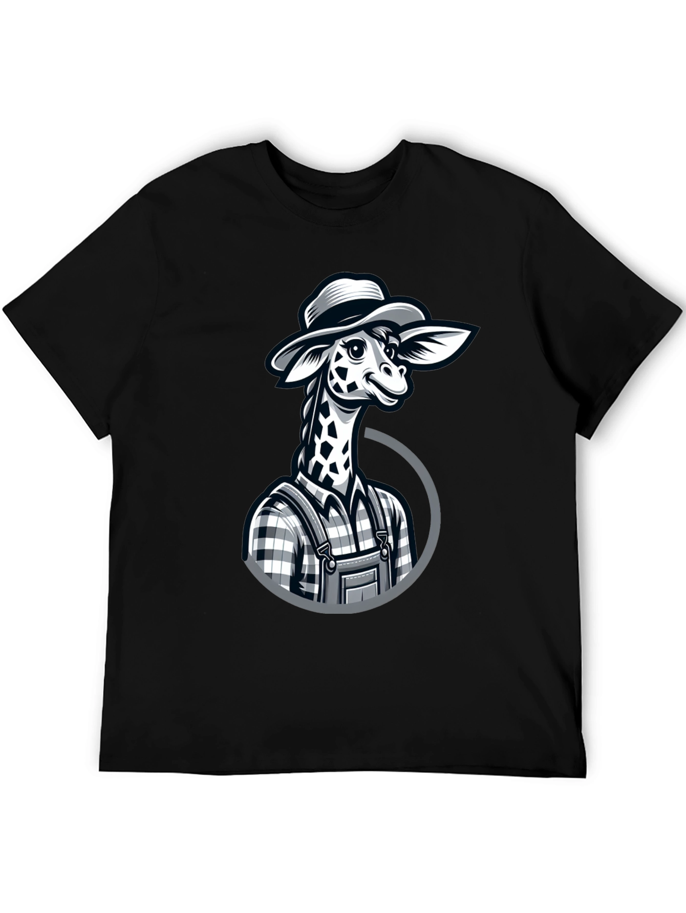 Black Giraffe Farmer Graphic Tee - Novelty Cartoon Animal Shirt view 5