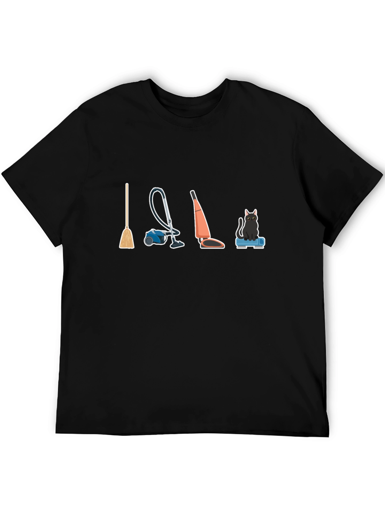 Black Cleaning Crew T-Shirt: Broom, Vacuum, and Cat view 5