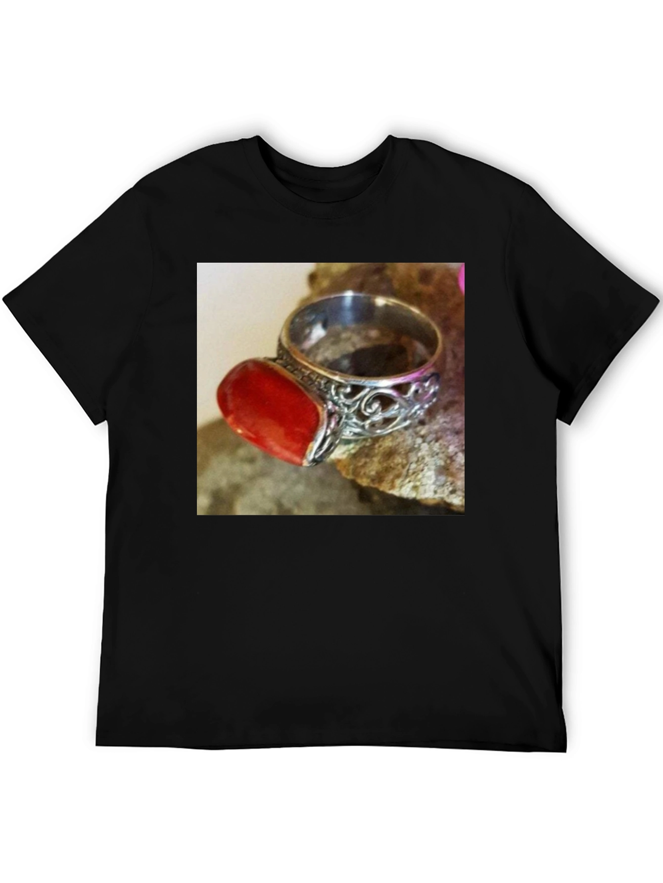 Black Coral Gemstone Ring on Black T-Shirt view 5