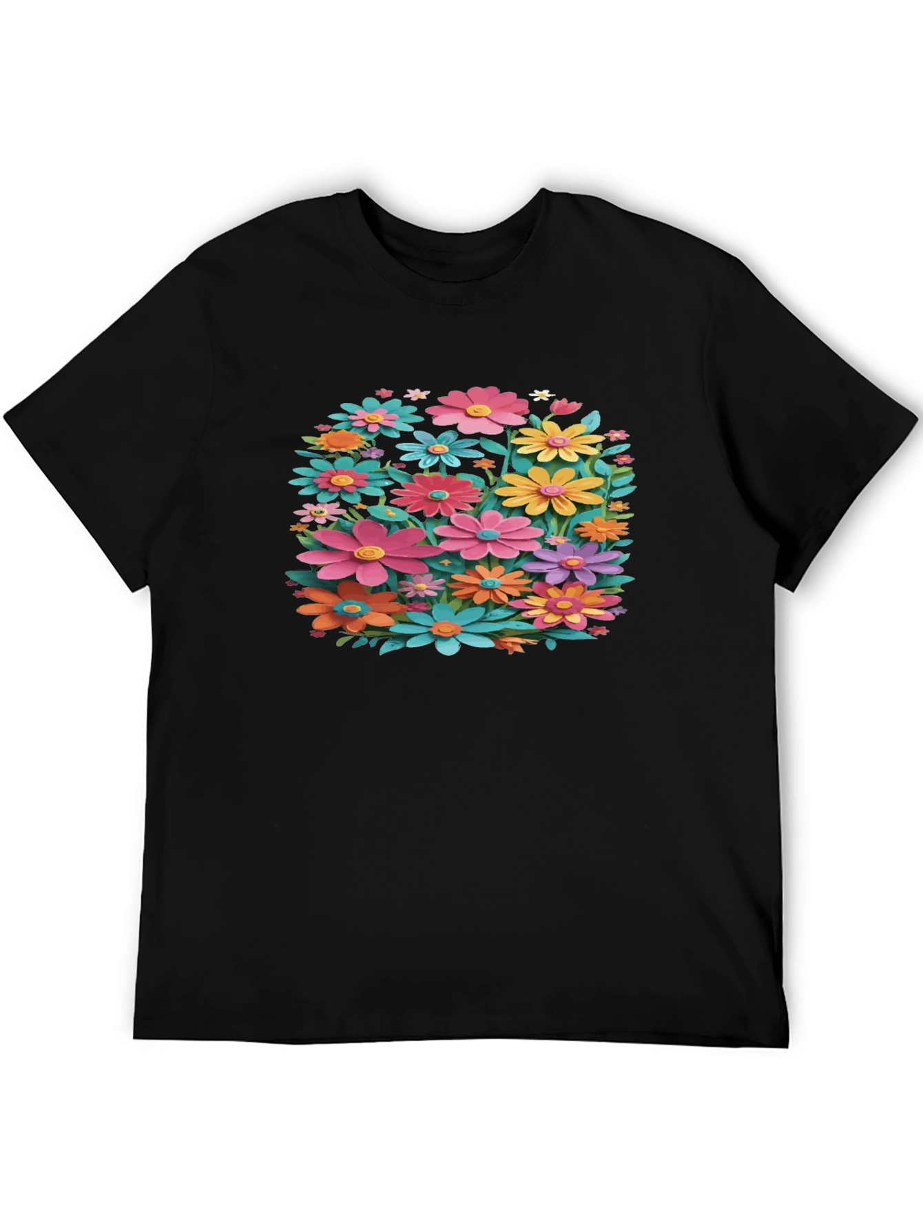 Black Floral T-Shirt - Black, Colorful Flower Design view 5