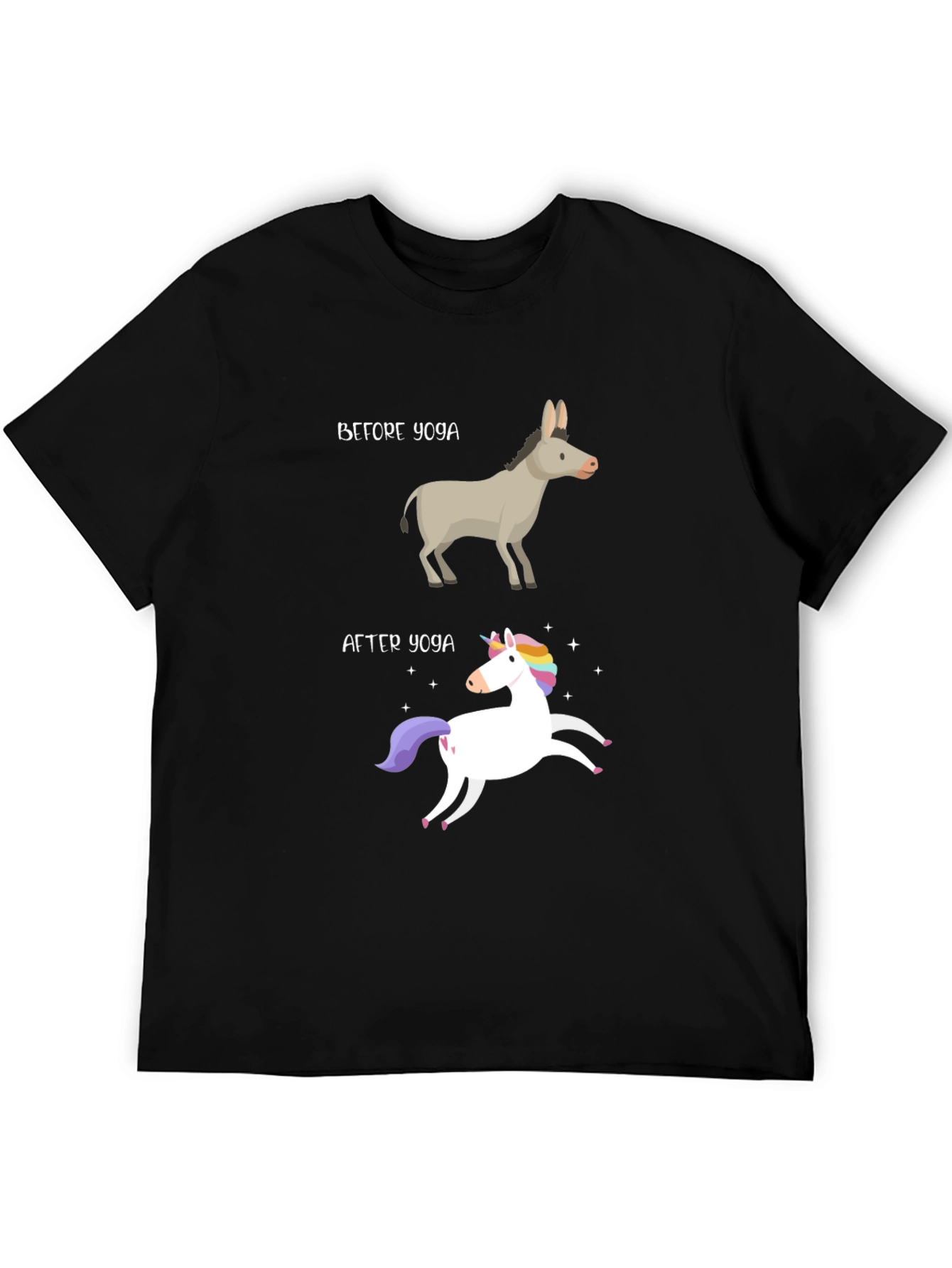 Black Yoga Humor T-Shirt - Donkey to Unicorn Transformation view 5