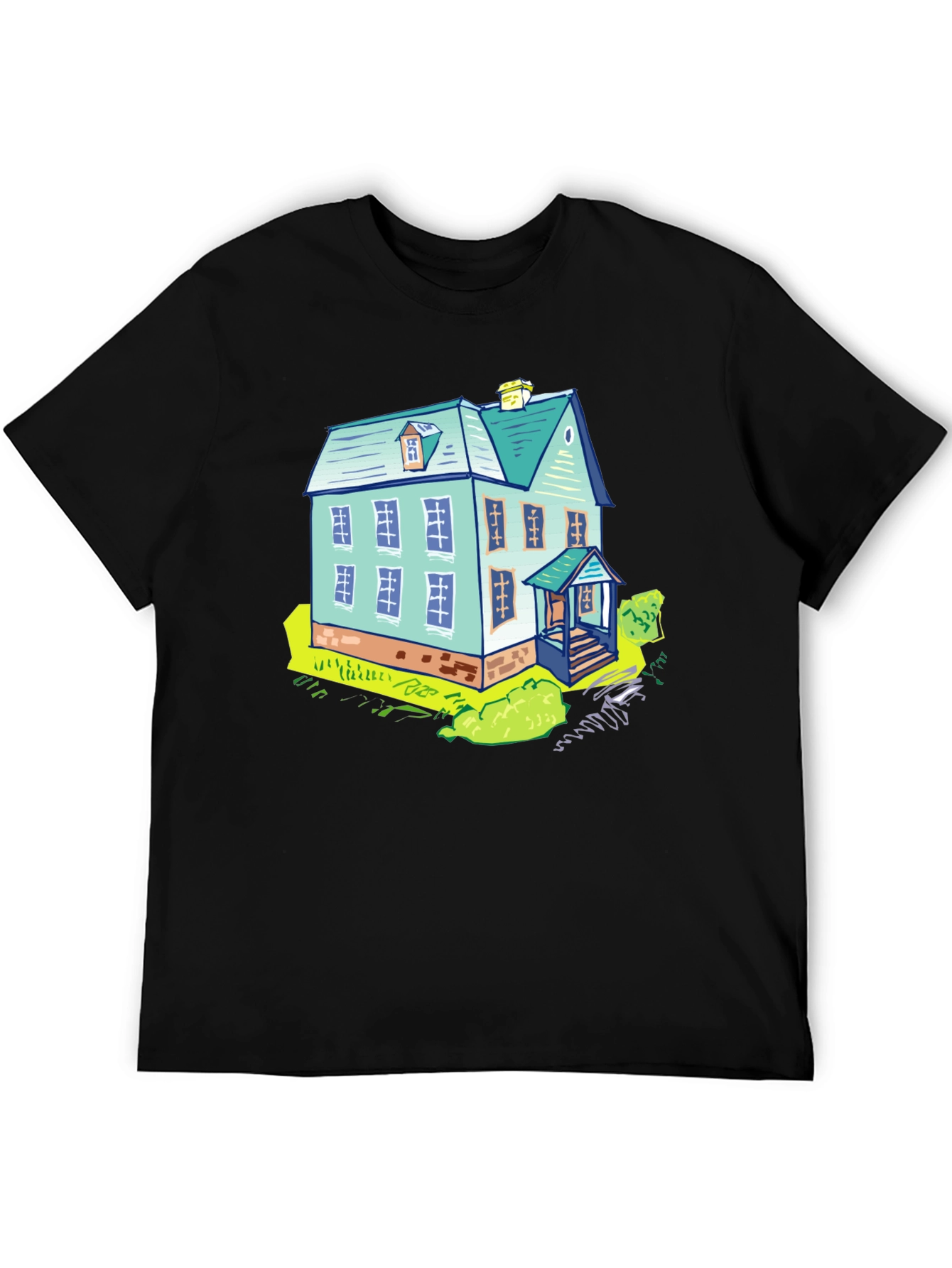 Black Cartoon House Graphic Tee - Black Cotton T-Shirt view 5