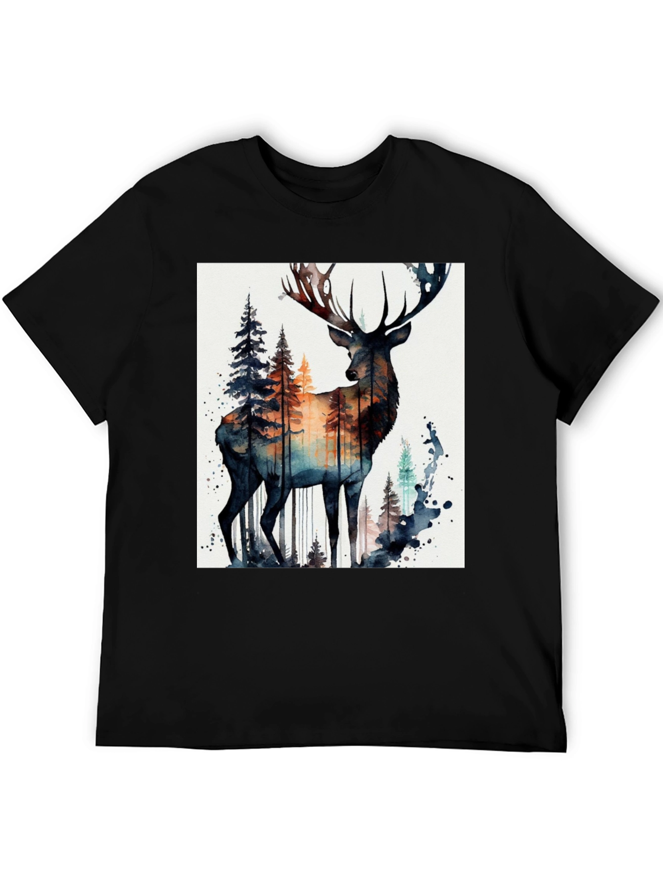 Black Deer Forest Watercolor Graphic Tee view 5