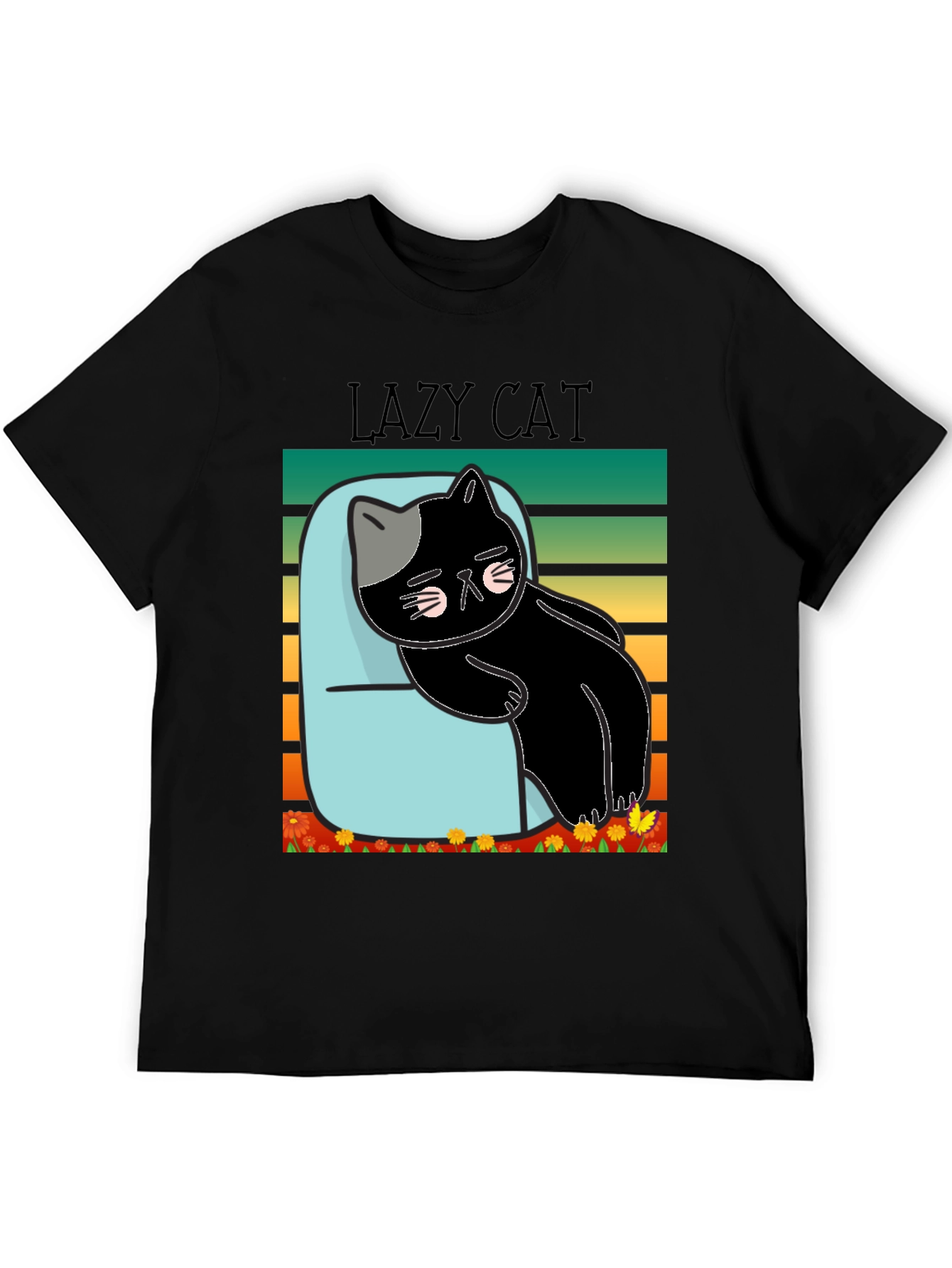 Black Lazy Cat T-Shirt - Black Cotton Tee view 5