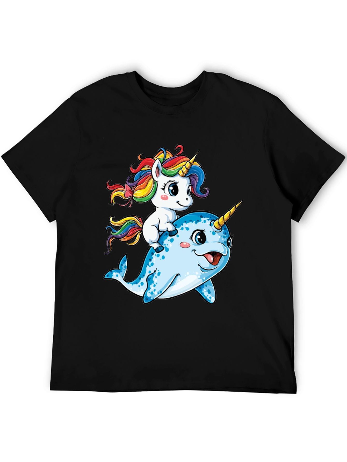 Black Unicorn Riding Narwhal T-Shirt view 5