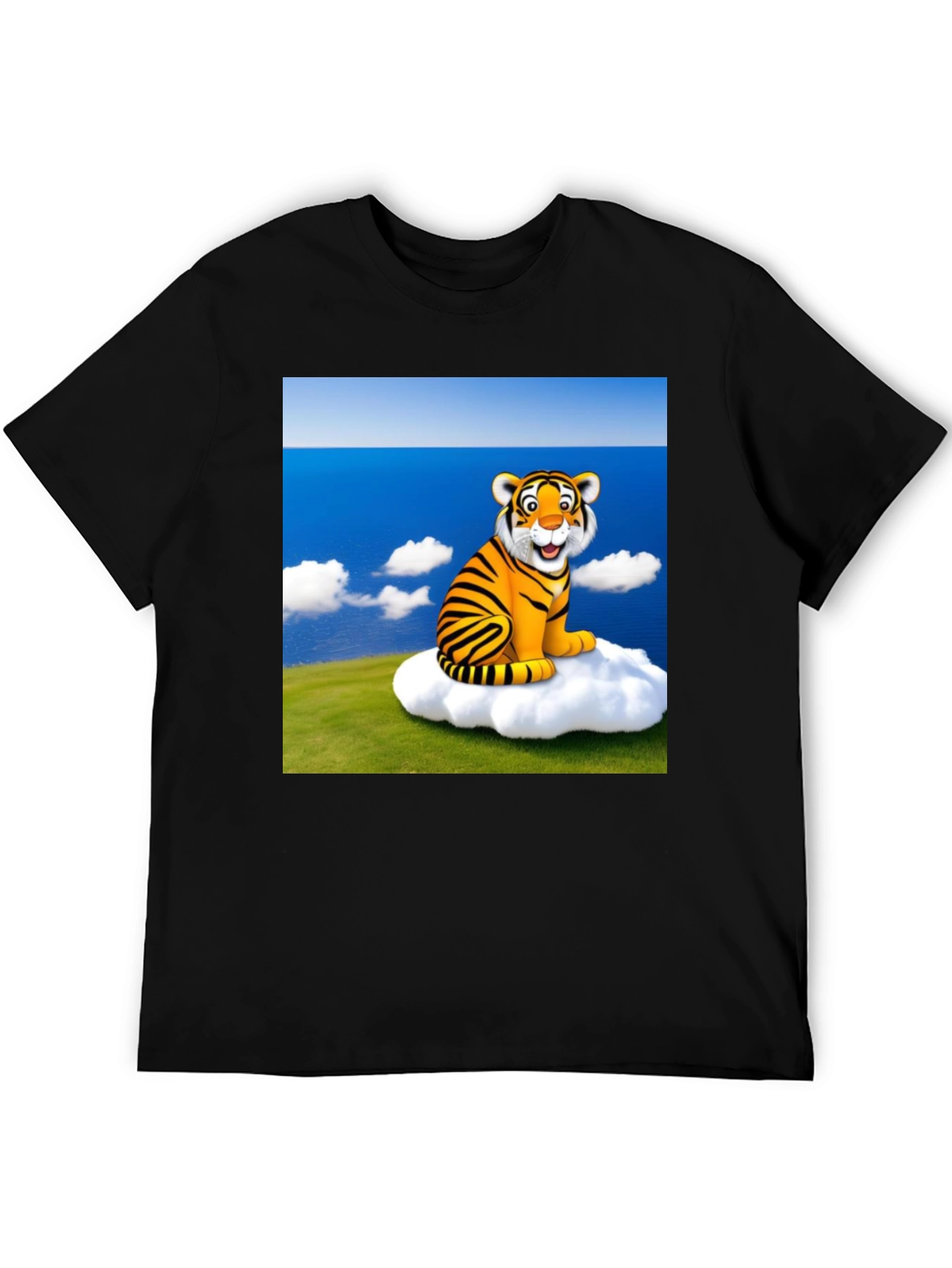 Black Cartoon Tiger on Cloud Black T-Shirt view 5