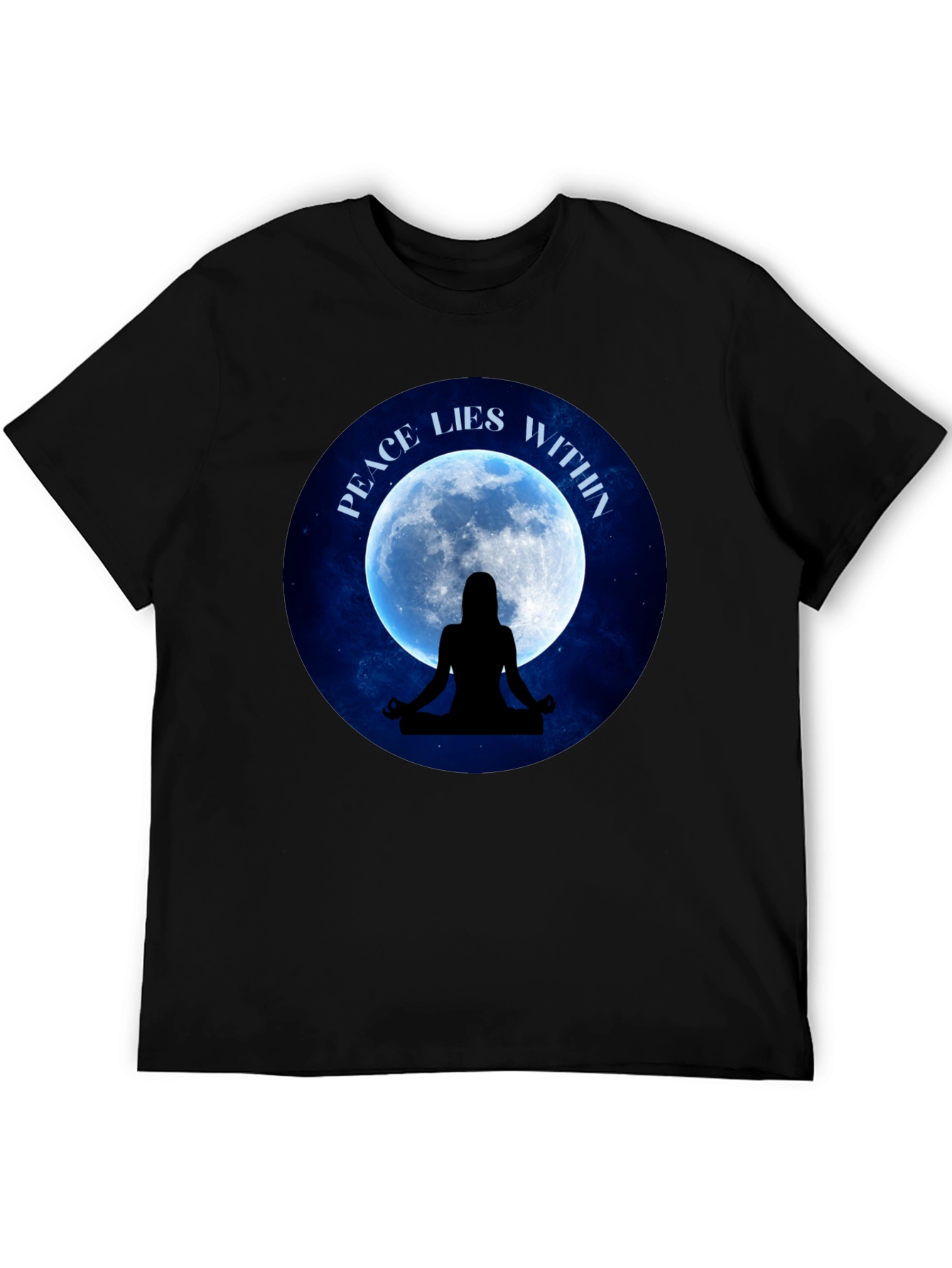 Black Peace Within T-Shirt - Meditating Silhouette Moon Graphic Tee view 5