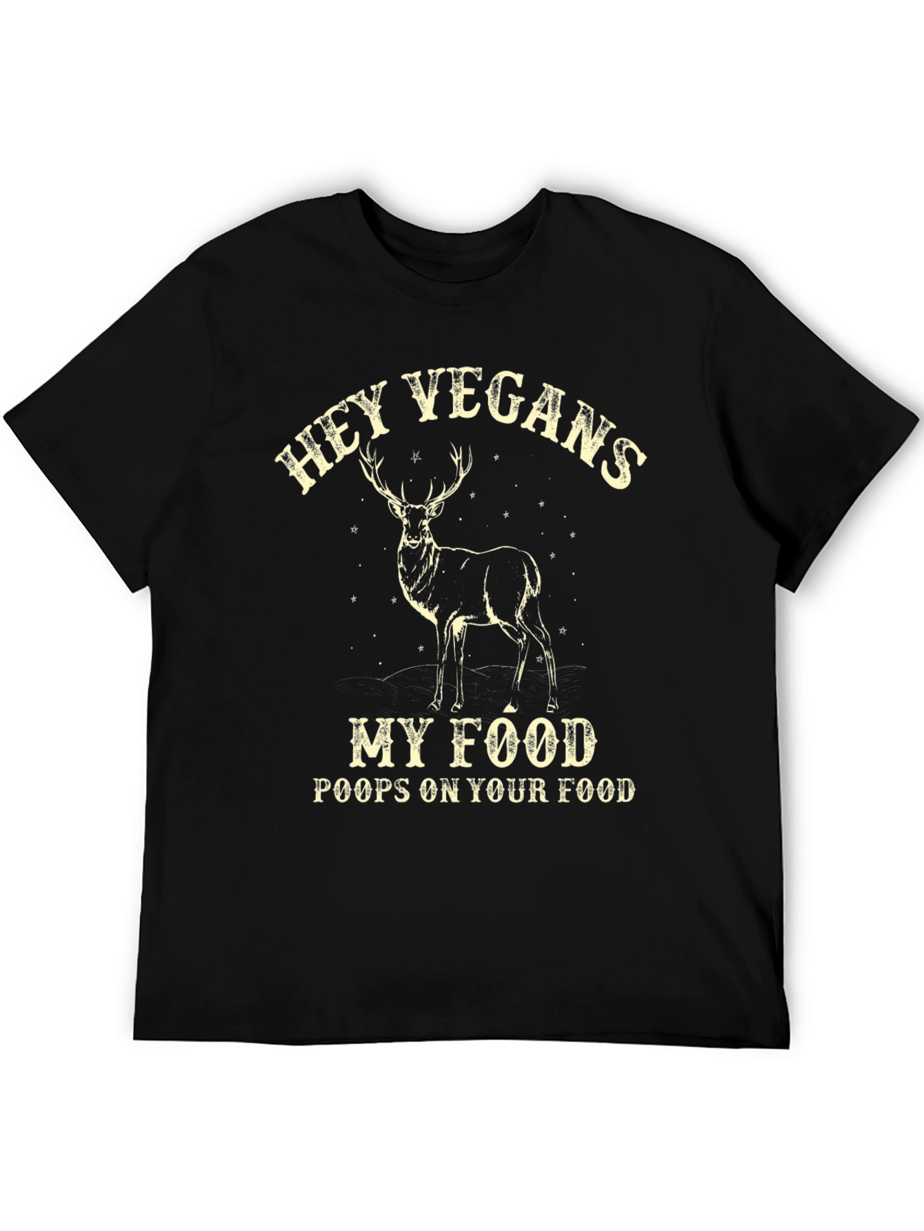 Black Hey Vegans T-Shirt - Deer 'Poops on Your Food' Black Cotton Tee view 5