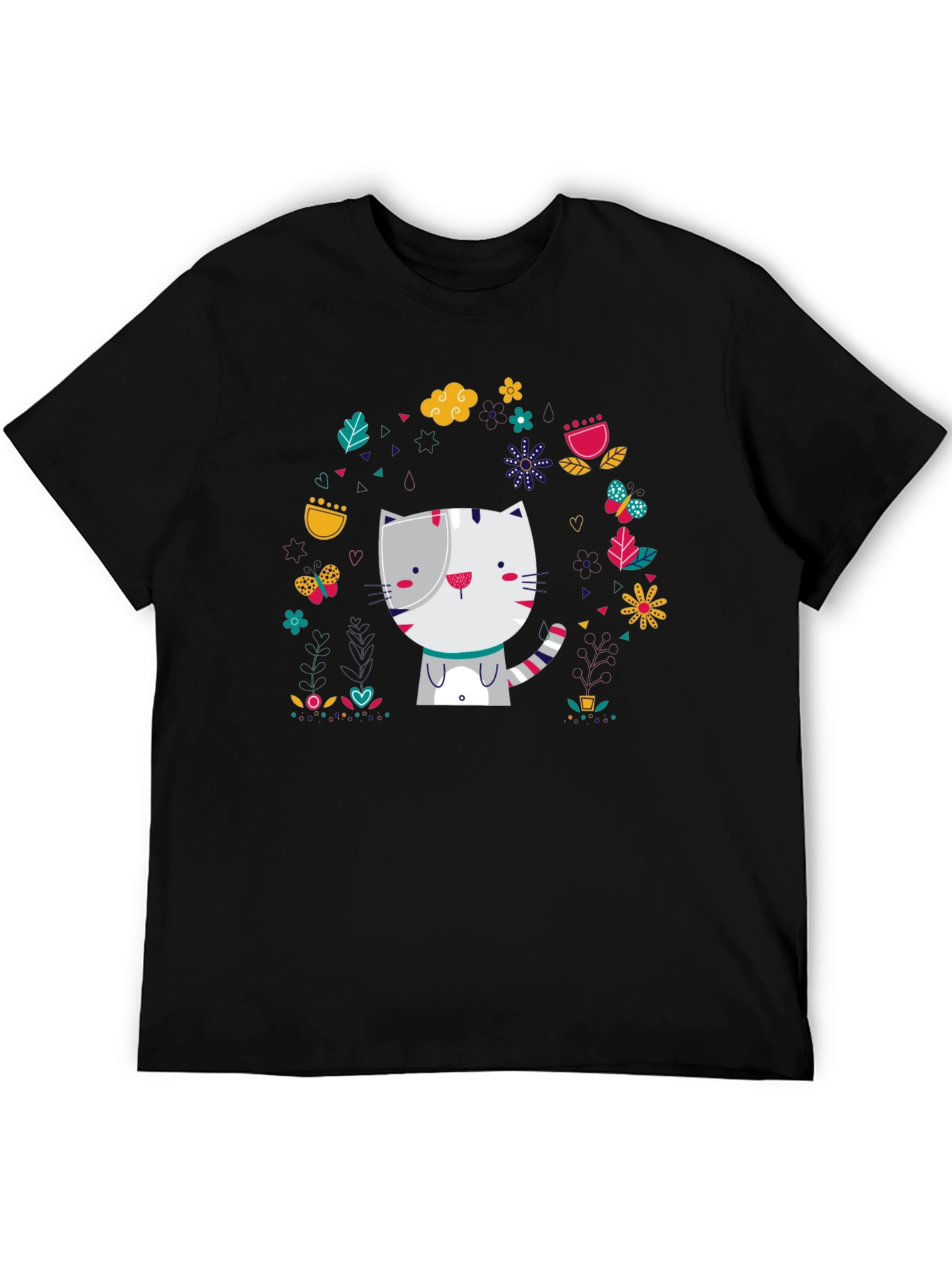 Black Cute Cat Floral Design Black T-Shirt view 5