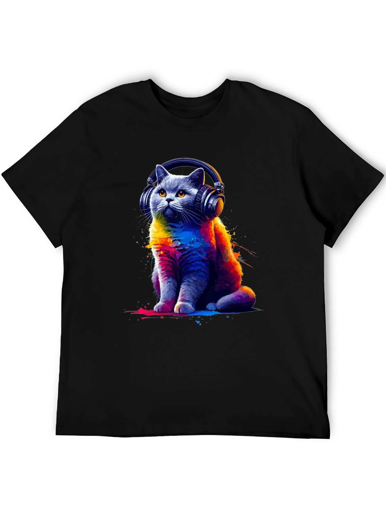 Black Cool Cat Headphones T-Shirt - Colorful Graphic Tee view 5