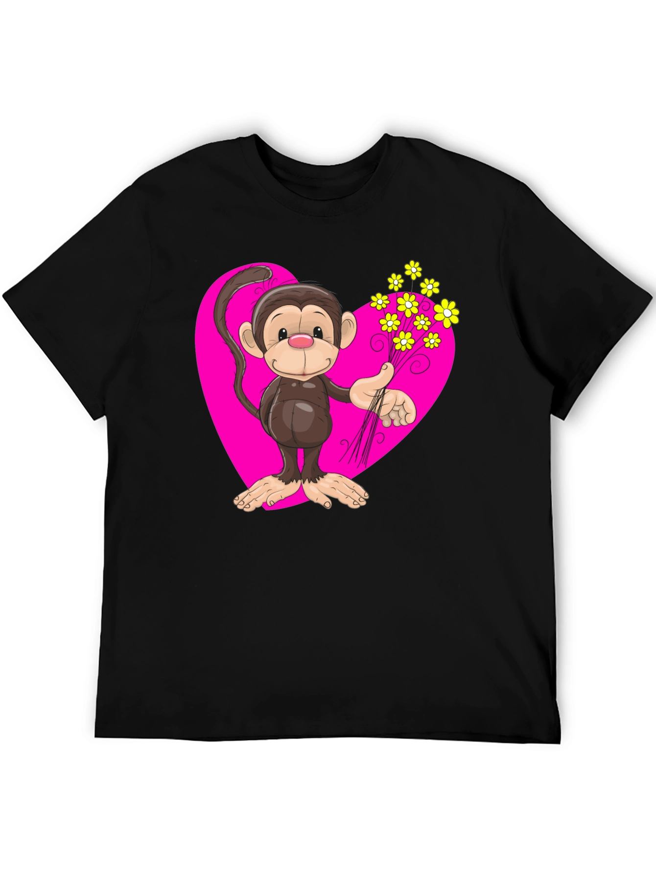 Black Monkey Love T-Shirt - Cartoon Heart Flowers view 5