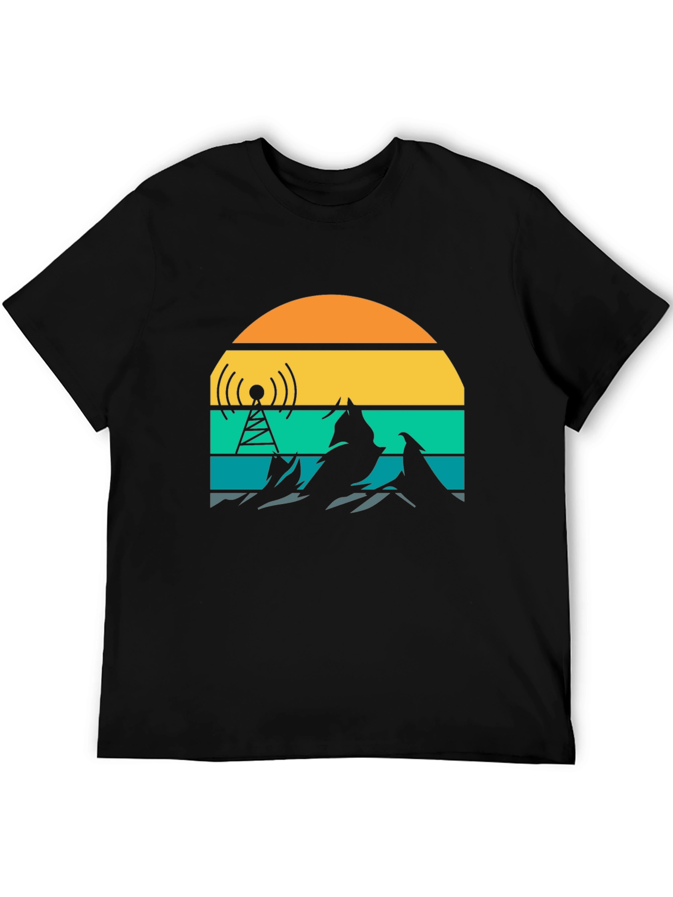 Black Retro Sunset Mountain Radio Tower T-Shirt view 5