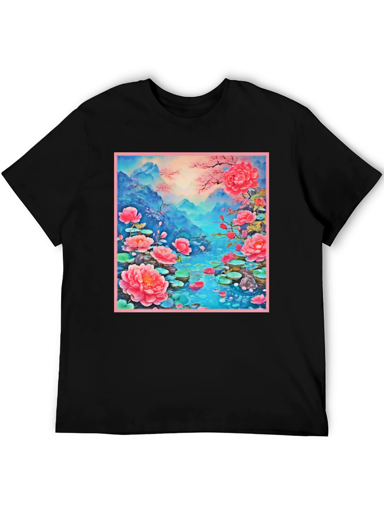 Black Floral Lotus Lake Graphic Tee - Unique Design view 5
