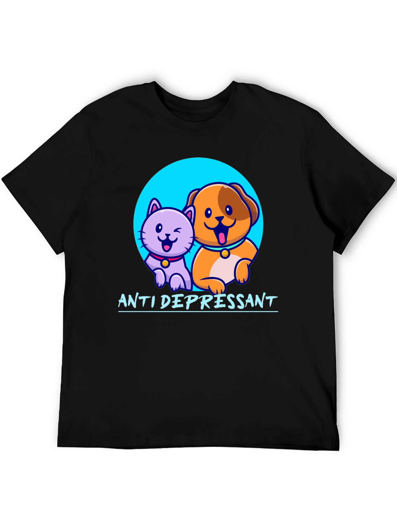 Black Anti Depressant Cat and Dog Graphic T-Shirt view 5