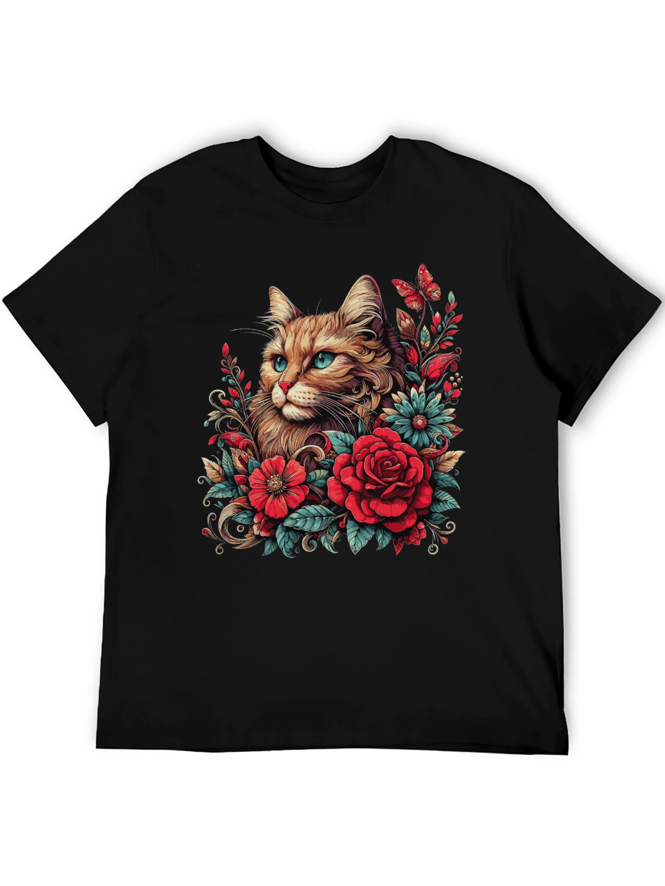 Black Cat & Floral Graphic Tee - Men's Black T-Shirt view 5