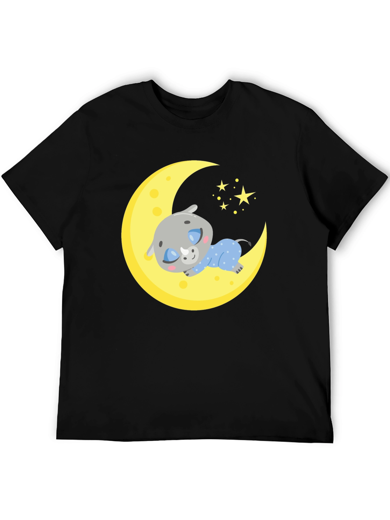 Black Cute Sleeping Rhino on Moon T-Shirt view 5