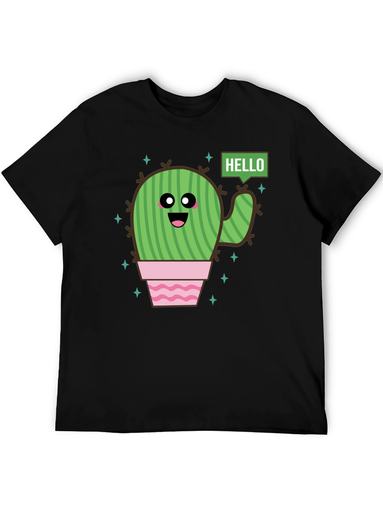 Black Cute Cartoon Cactus Graphic Tee - Black Cotton T-Shirt view 5