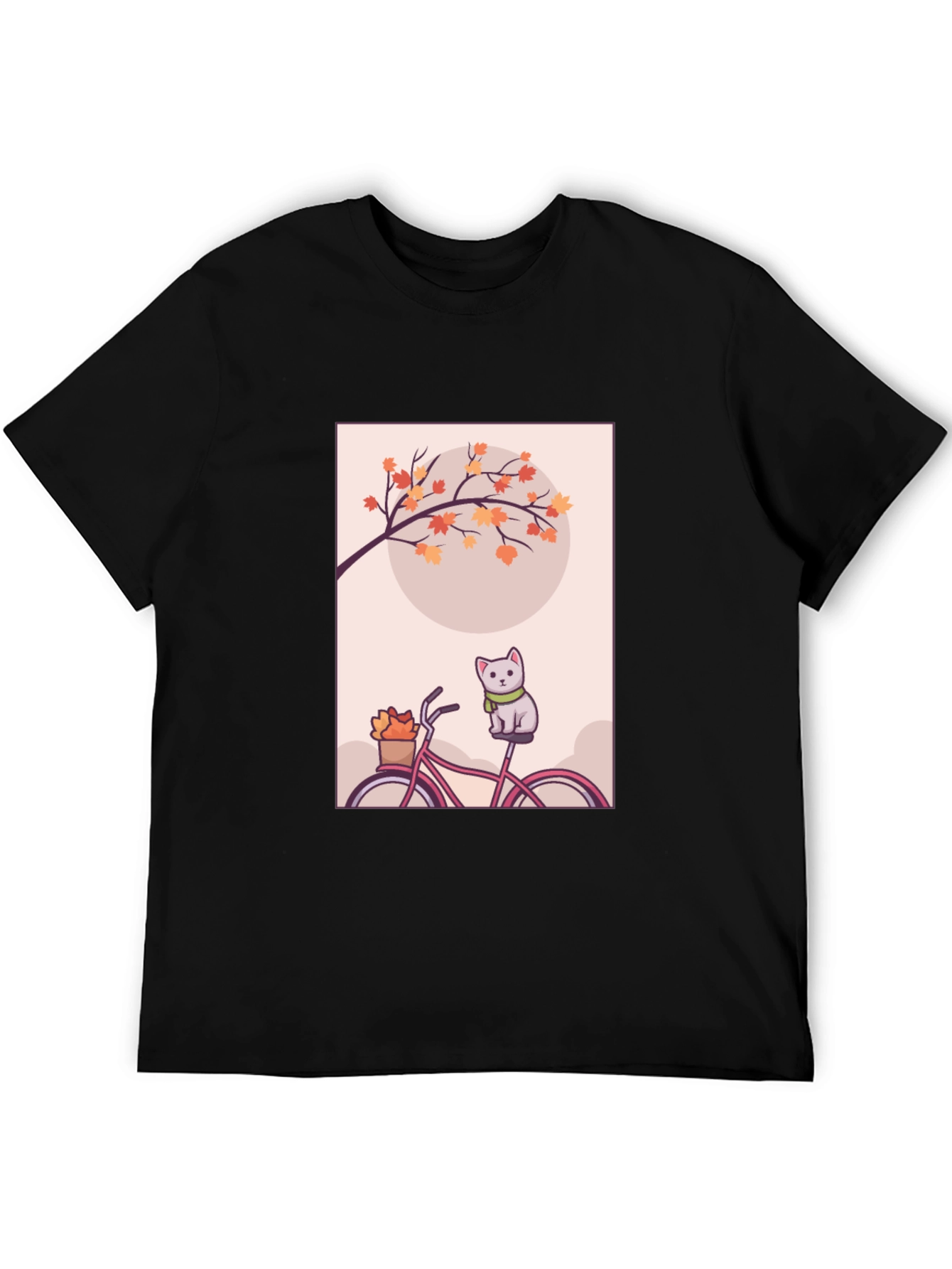 Black Cute Cat on Bike T-Shirt - Autumn Vibes view 5