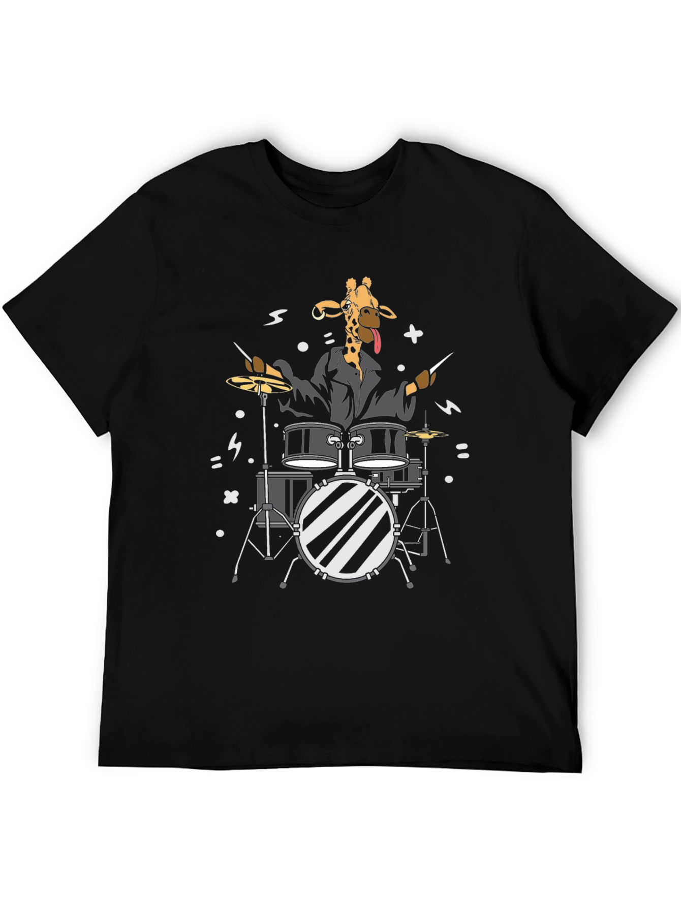 Black Giraffe Drummer Graphic T-Shirt - Black Cotton Tee view 5