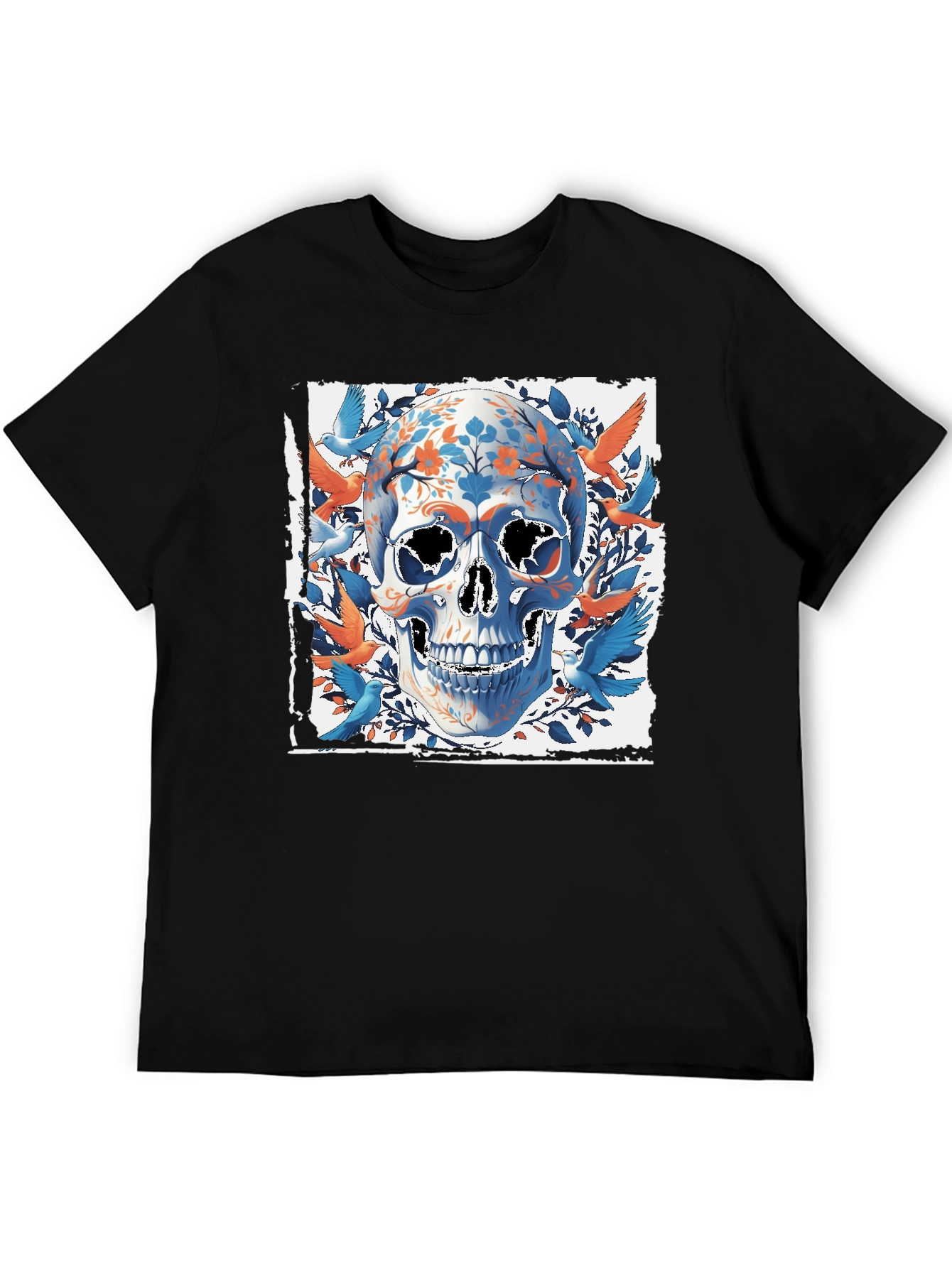 Black Floral Skull & Birds Graphic Tee - Unique Design view 5